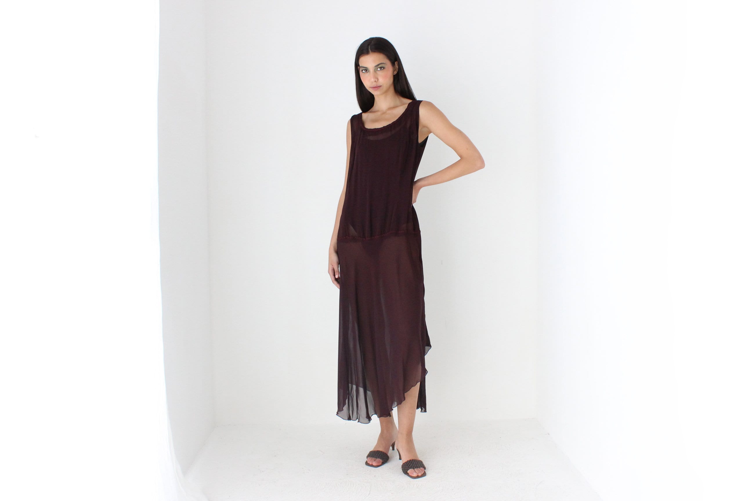 90s Sheer Grunge Eggplant Chiffon Gauze Sheath Dress