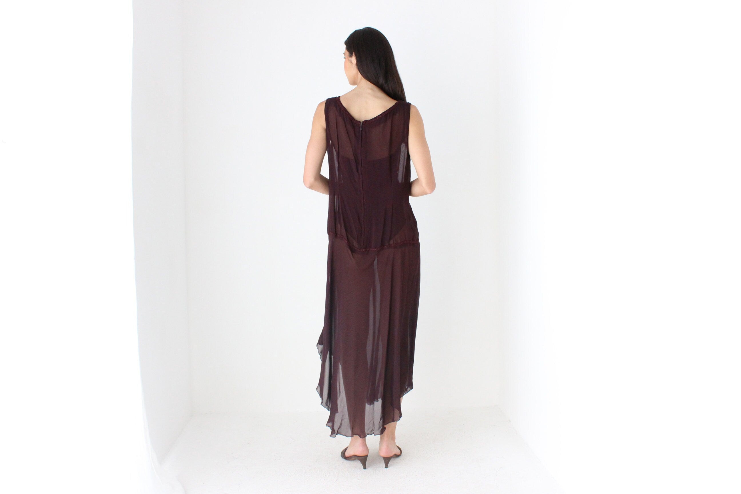 90s Sheer Grunge Eggplant Chiffon Gauze Sheath Dress