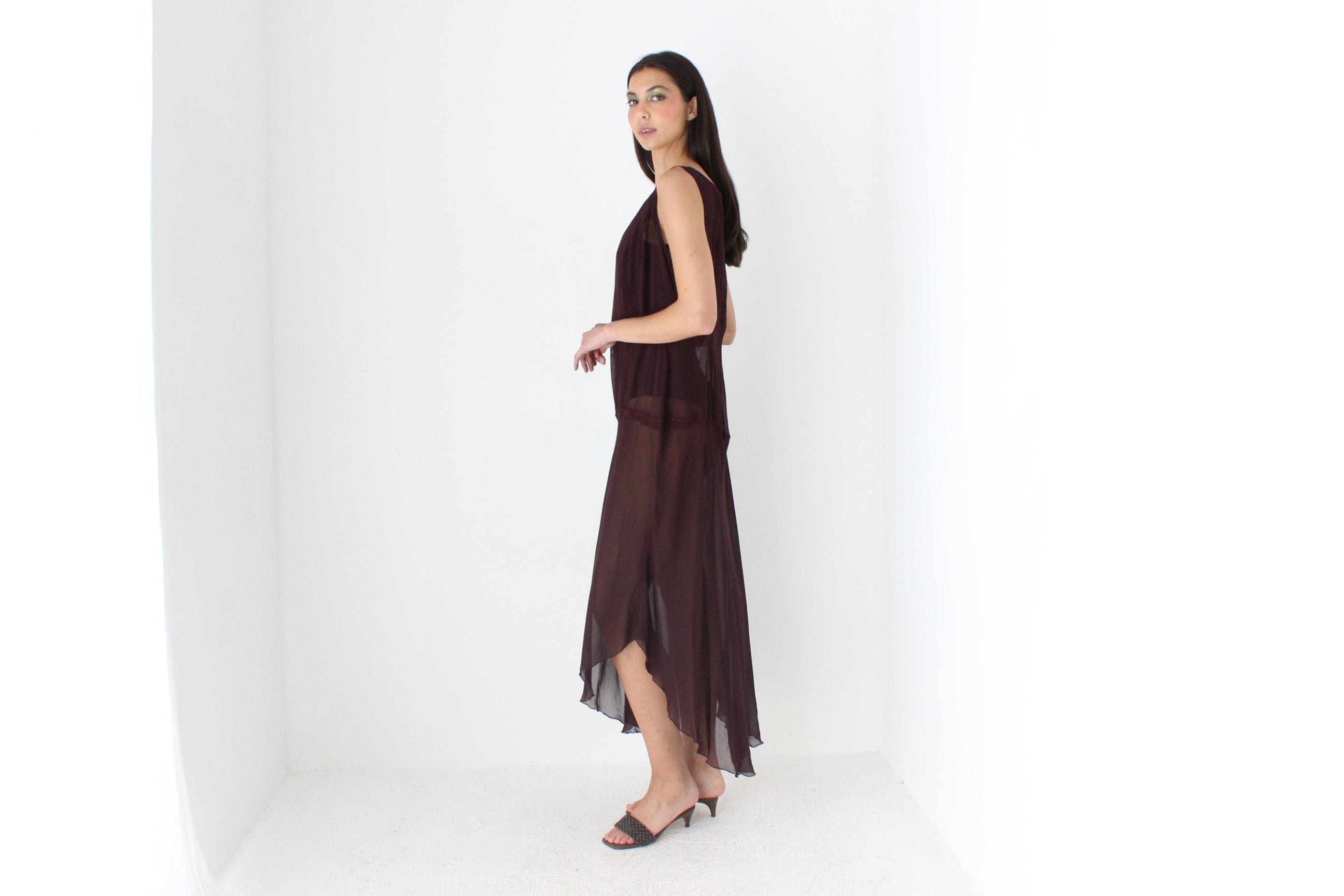 90s Sheer Grunge Eggplant Chiffon Gauze Sheath Dress