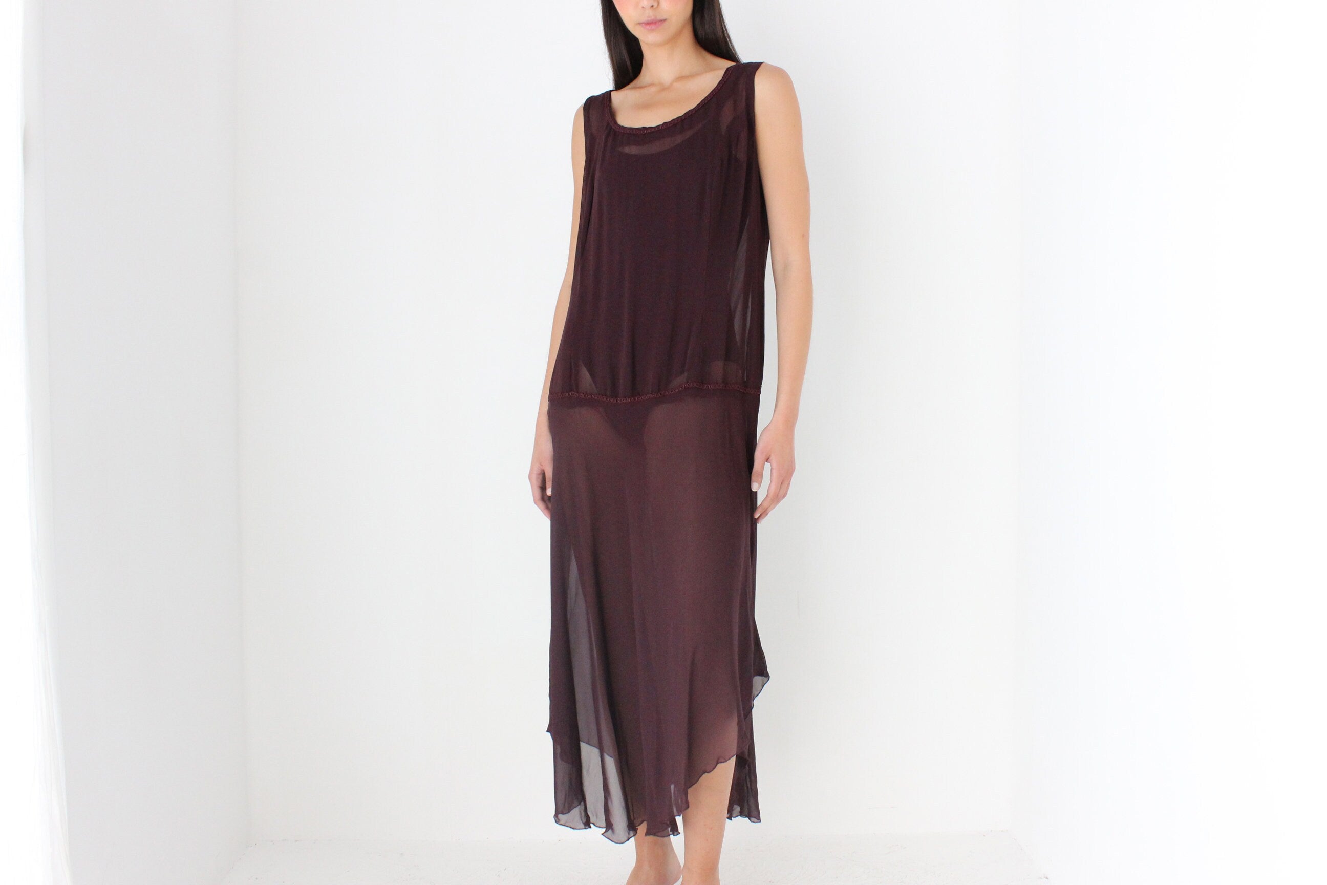 90s Sheer Grunge Eggplant Chiffon Gauze Sheath Dress