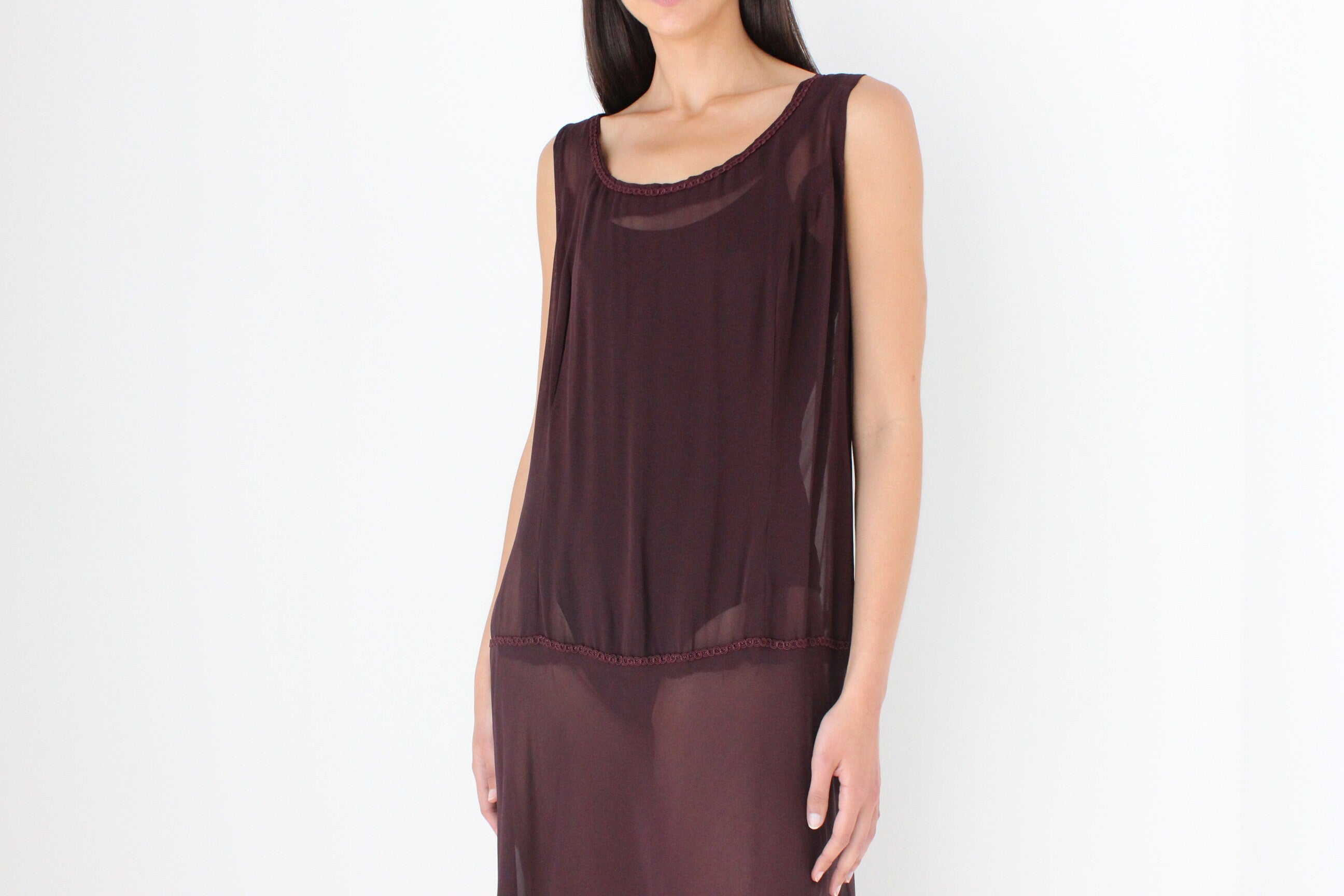 90s Sheer Grunge Eggplant Chiffon Gauze Sheath Dress