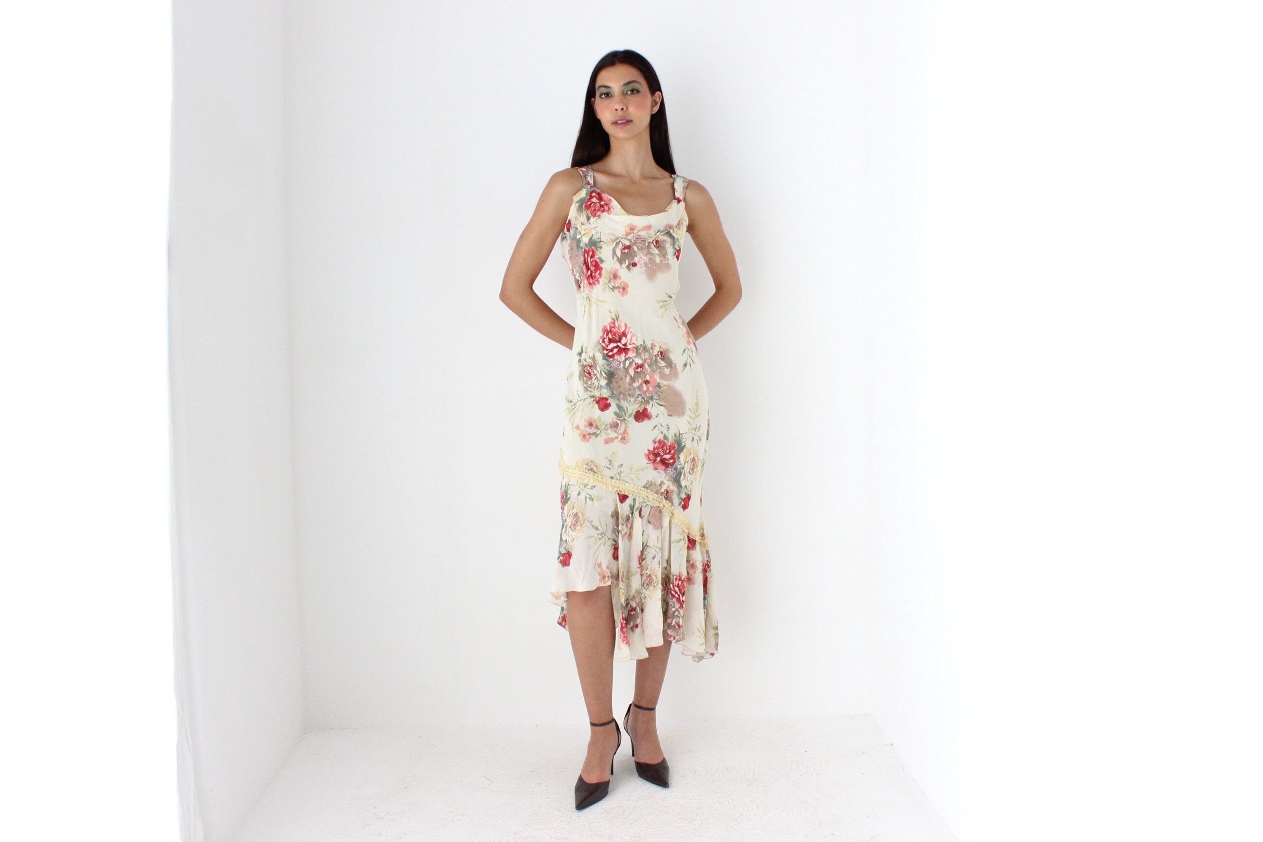 Y2K Spanish Asymmetric Floral Bias Cut Dress