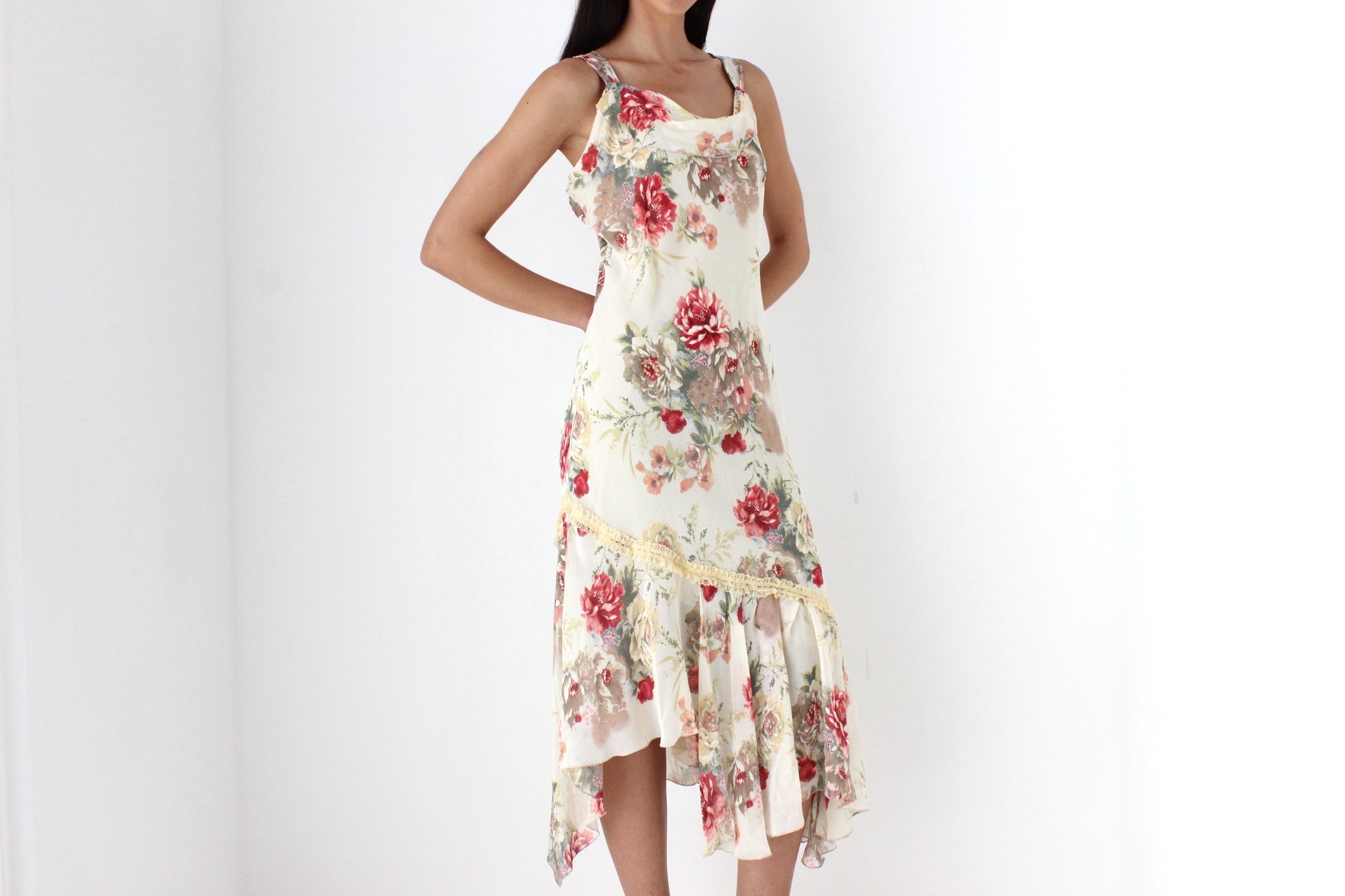 Y2K Spanish Asymmetric Floral Bias Cut Dress