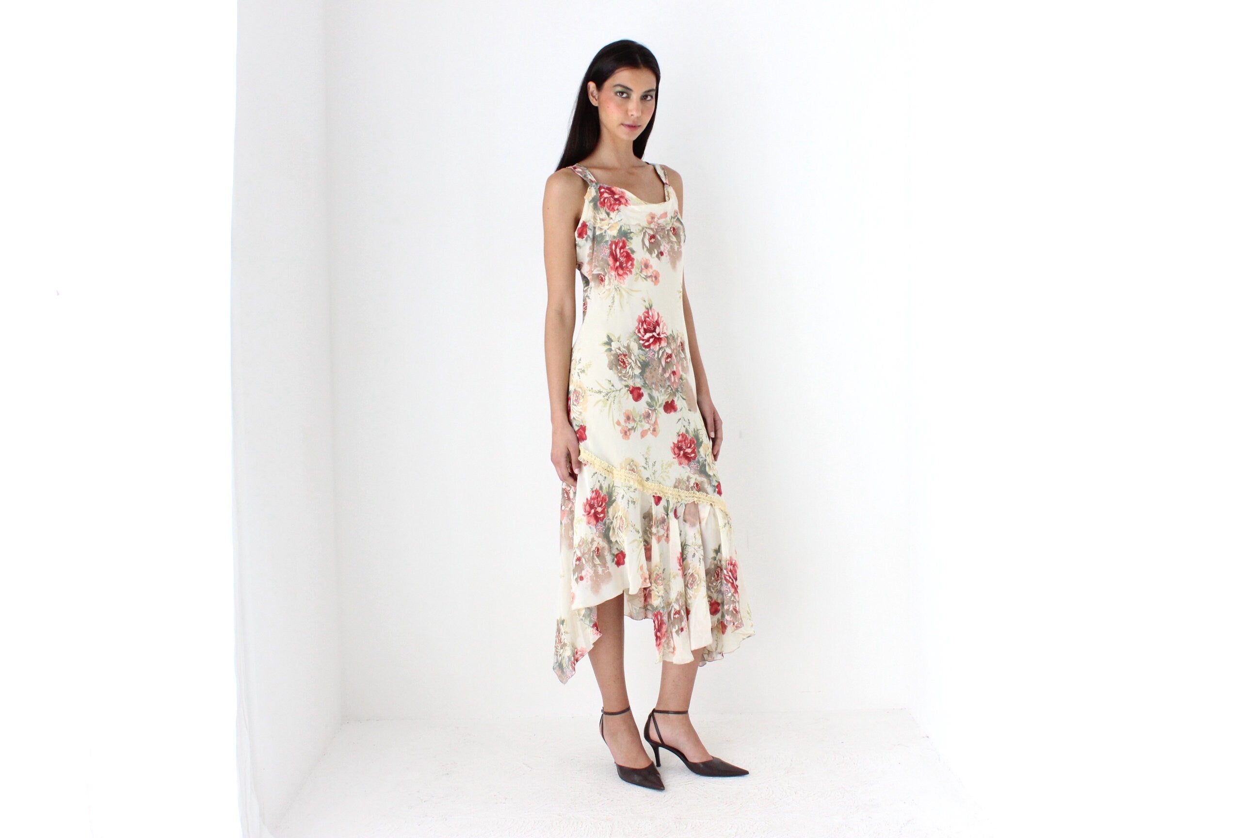 Y2K Spanish Asymmetric Floral Bias Cut Dress