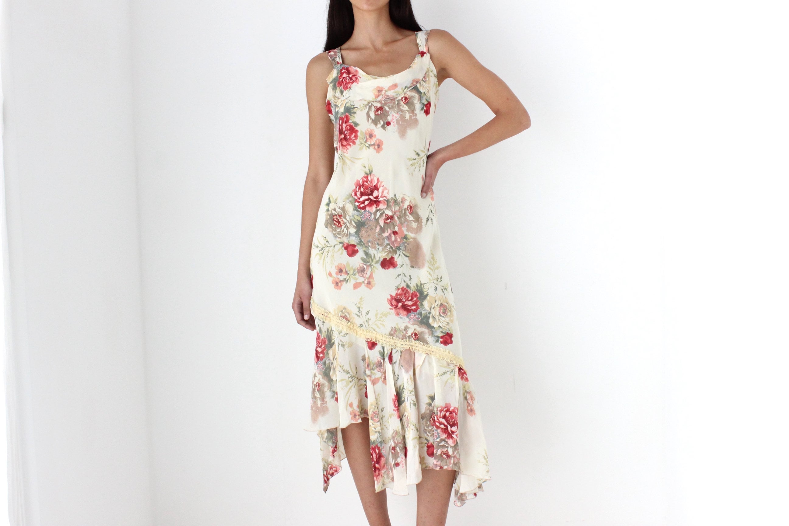 Y2K Spanish Asymmetric Floral Bias Cut Dress