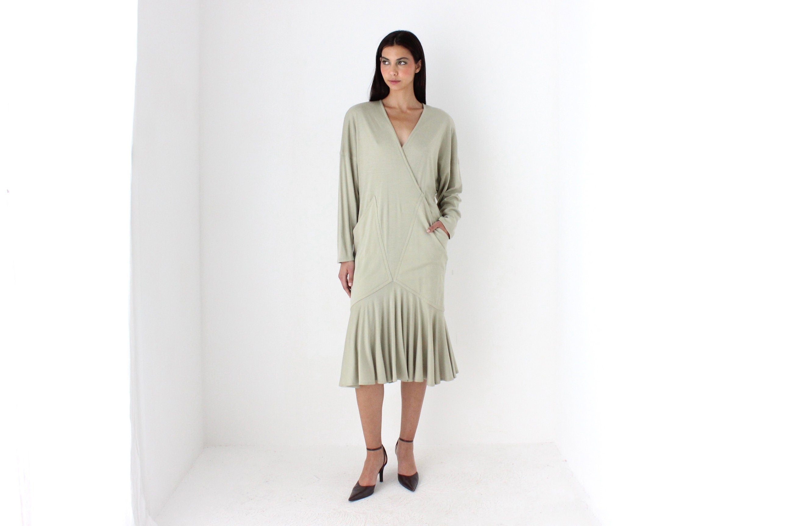 Avant Garde 80s Sage Green Draped Cocoon Dress