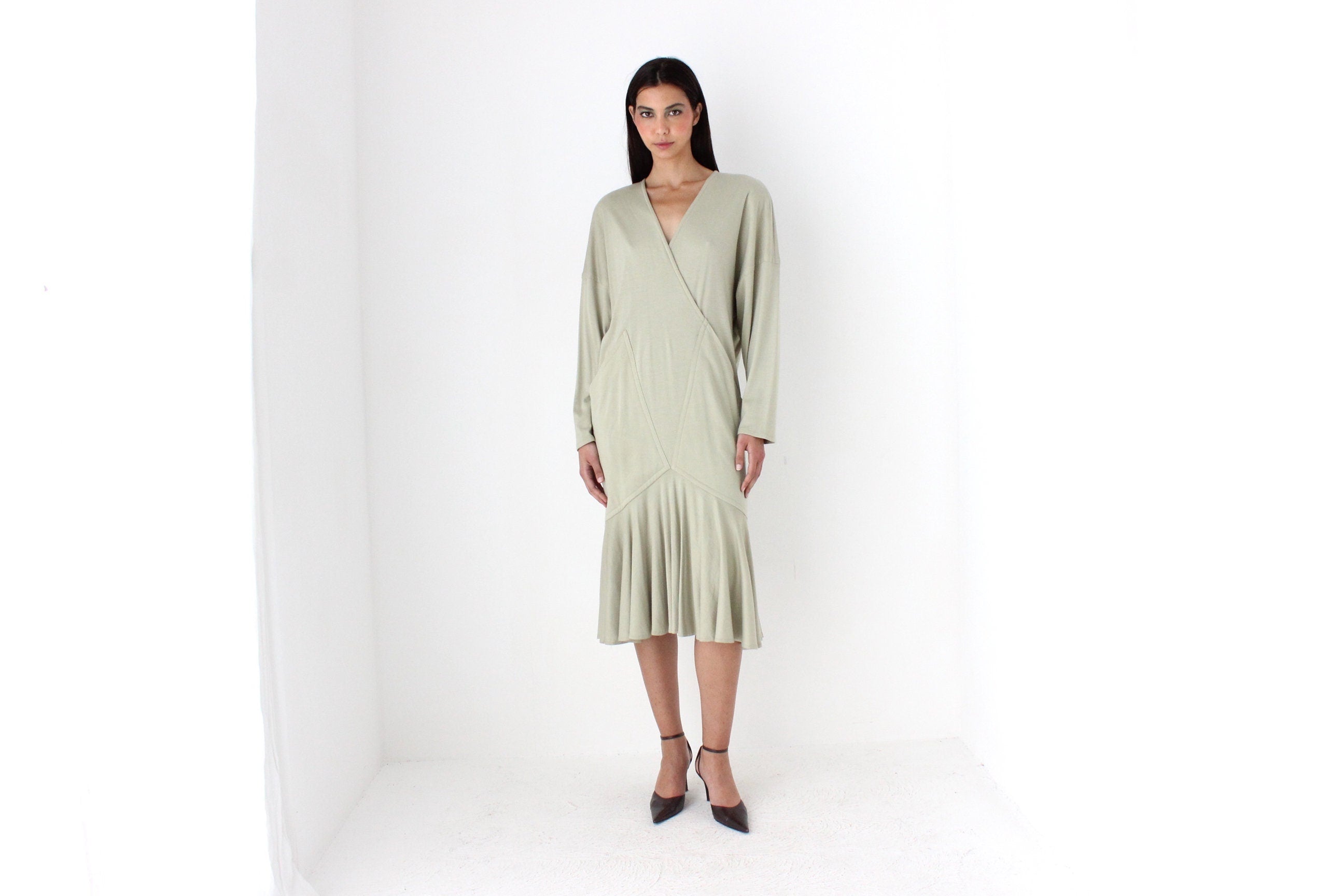 Avant Garde 80s Sage Green Draped Cocoon Dress