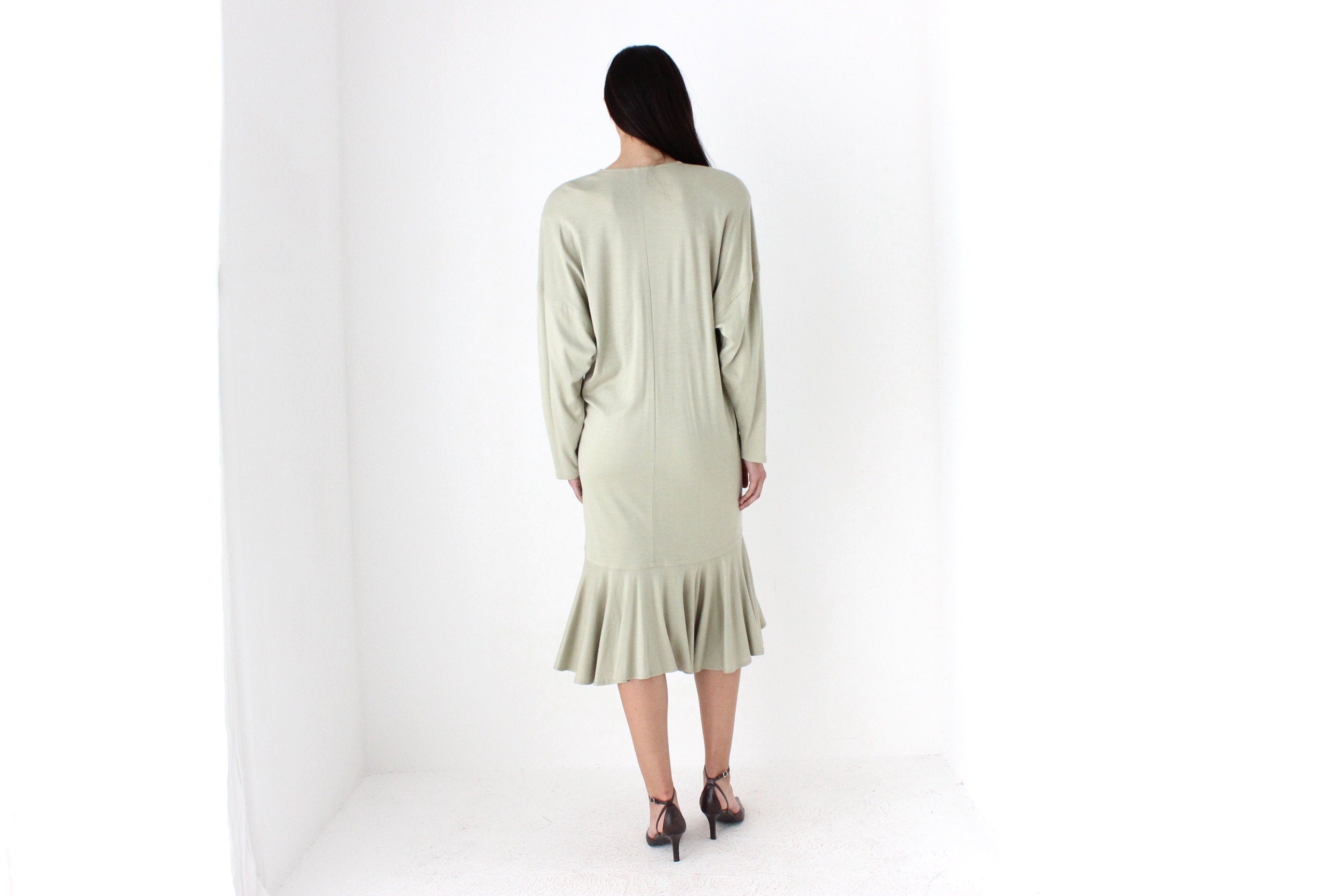 Avant Garde 80s Sage Green Draped Cocoon Dress