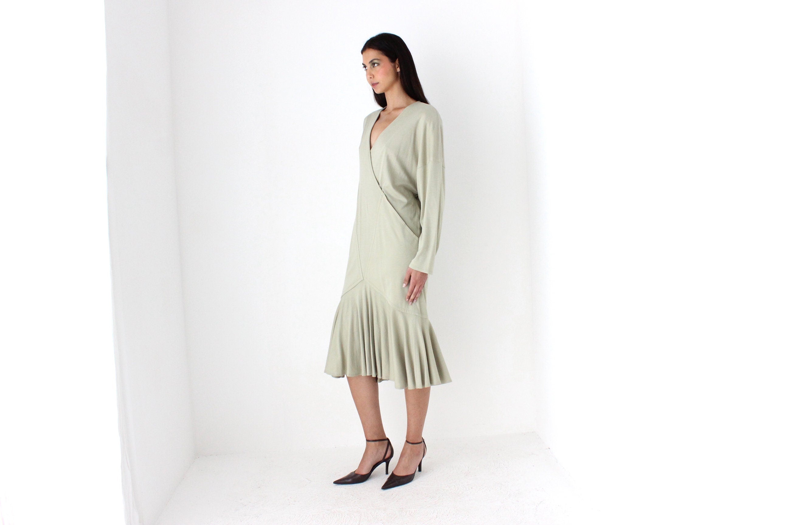 Avant Garde 80s Sage Green Draped Cocoon Dress