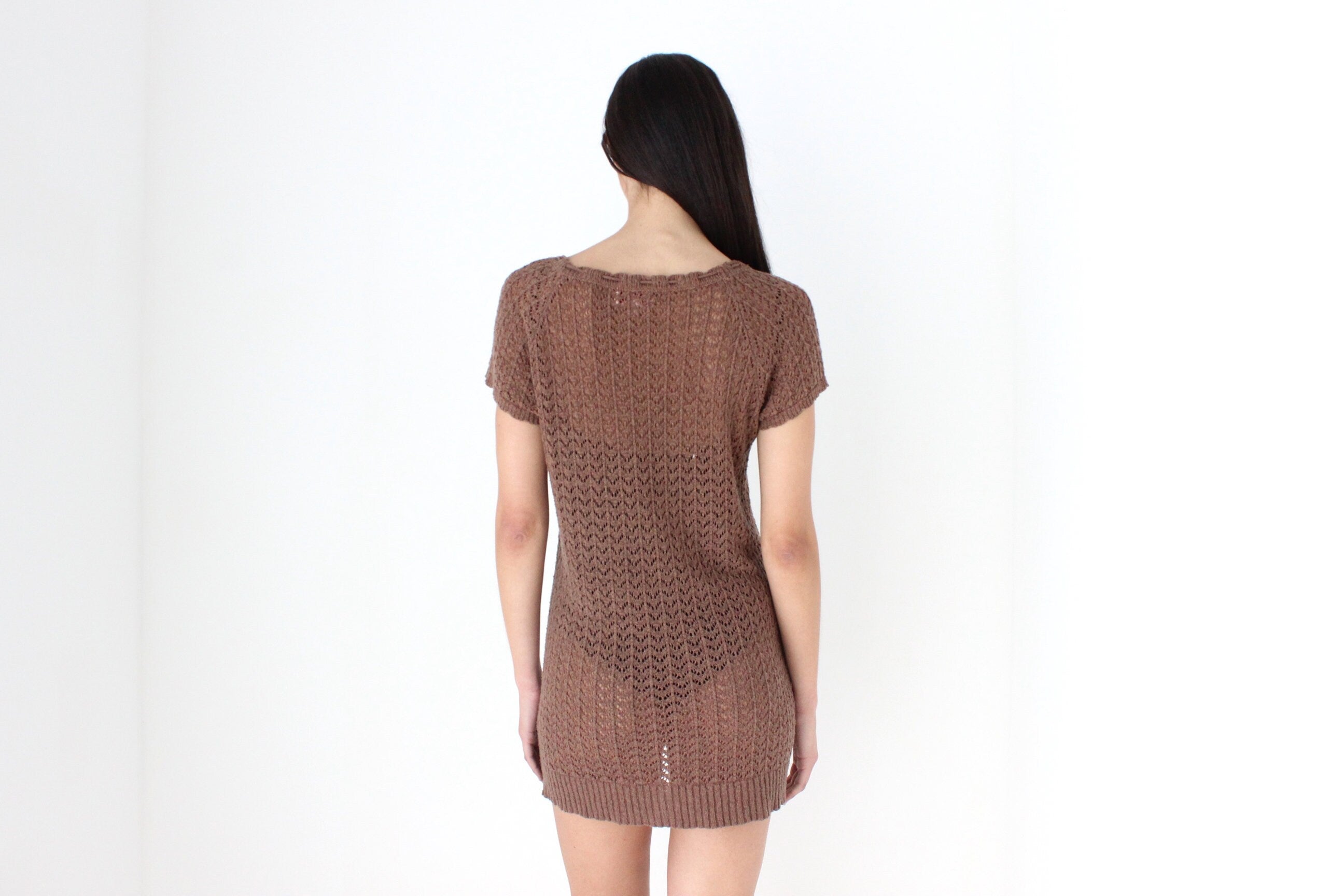 90s Caramel Crochet Knit Scoop Neck Mini Tee Dress or Top