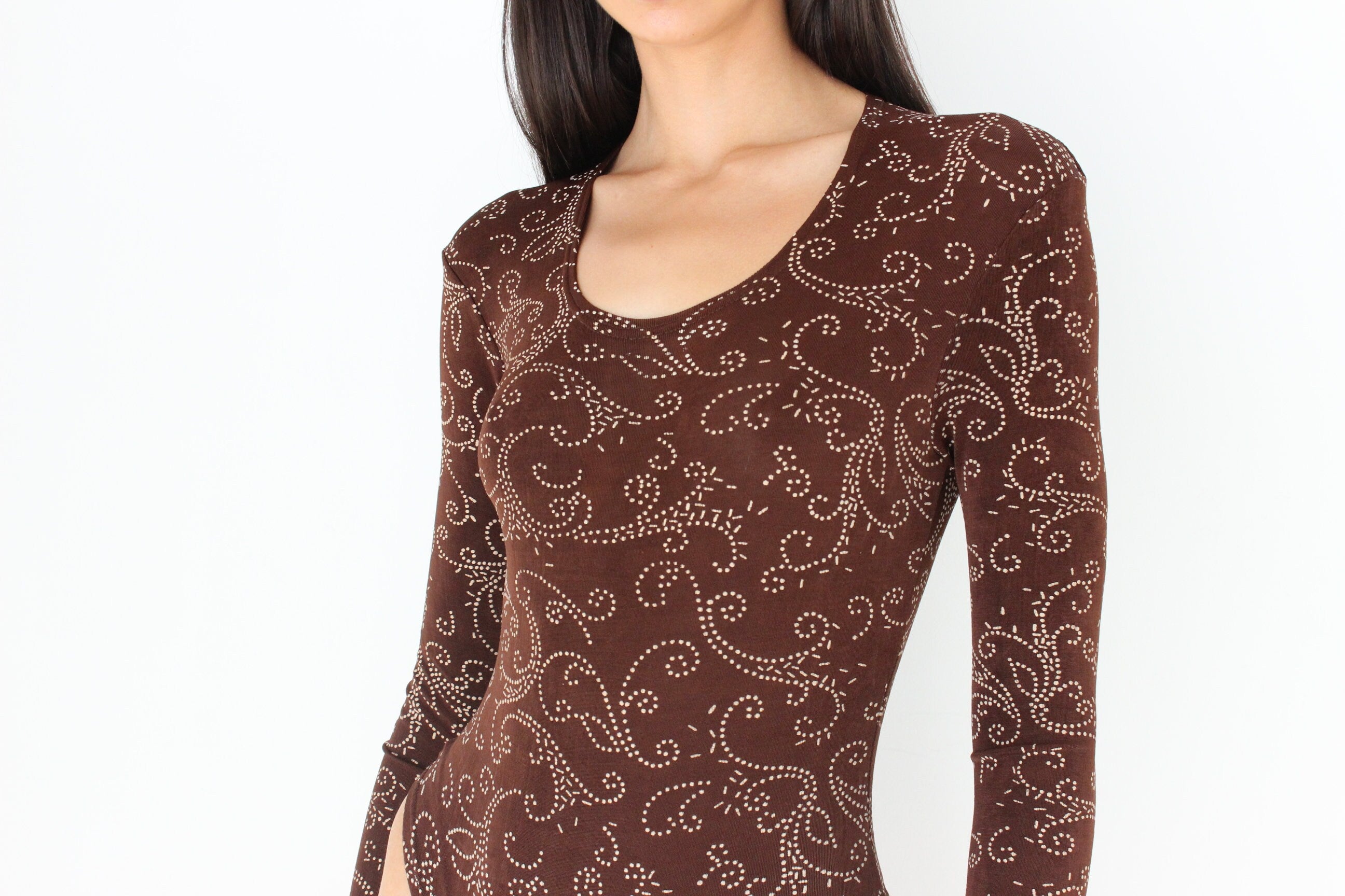 90s Plein Futur Paris Stretch Chocolate Scoop Neck Bodysuit