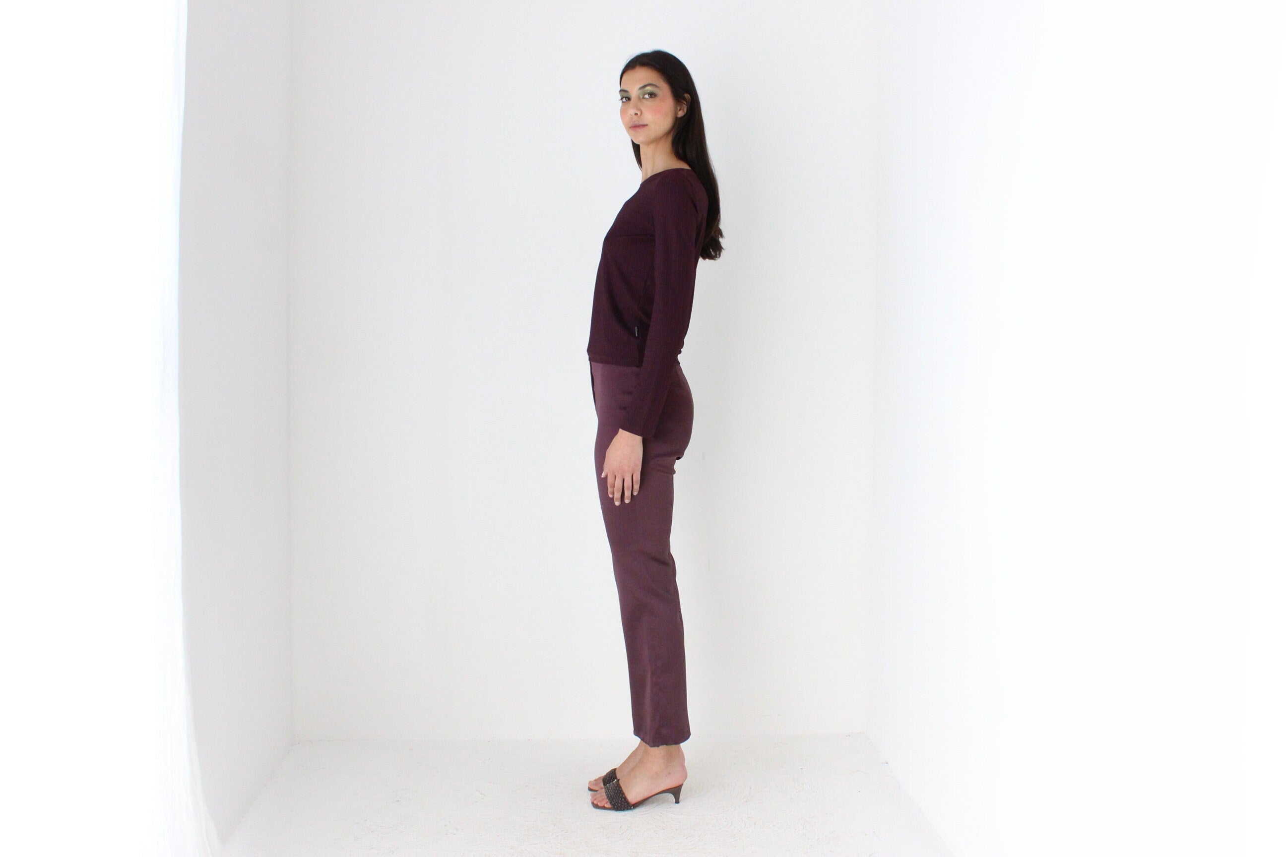 90s Minimal Aubergine Lycra Blend Long Sleeve Top