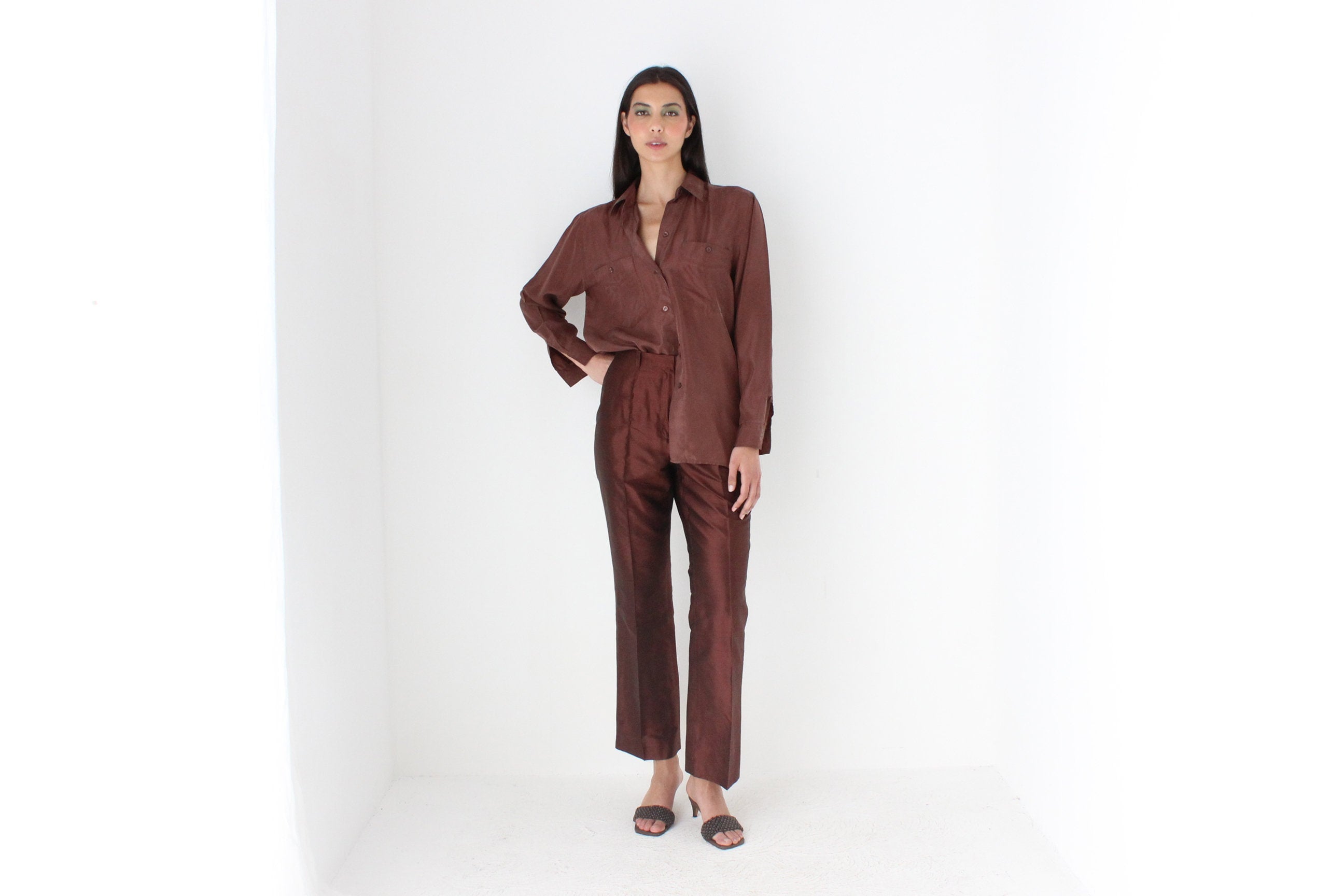 Heavenly 90s Raw Silk Iridescent Chocolate Trouser