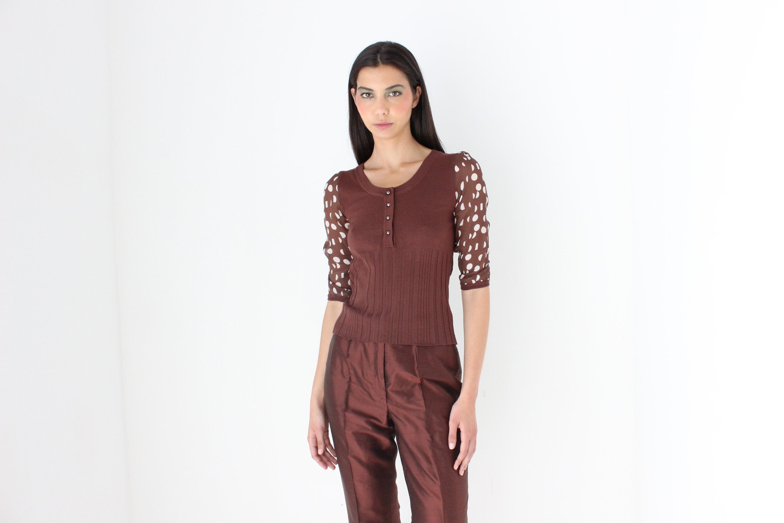 90s Polka Dot Silk + Knit Scoop Neck Top by Chérie
