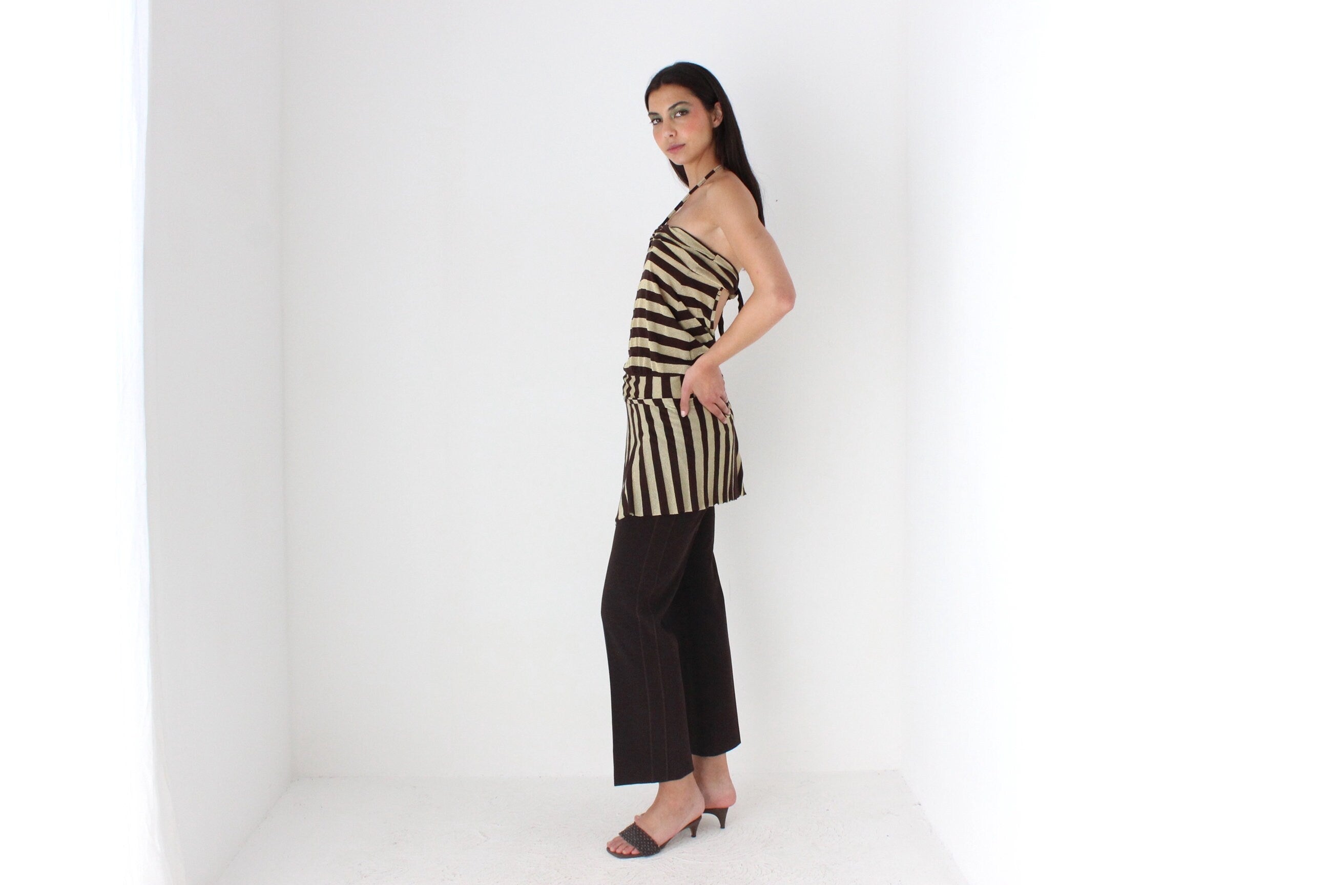 Y2K Striped Gold Glitter & Chocolate O-Ring Halter Neck Mini