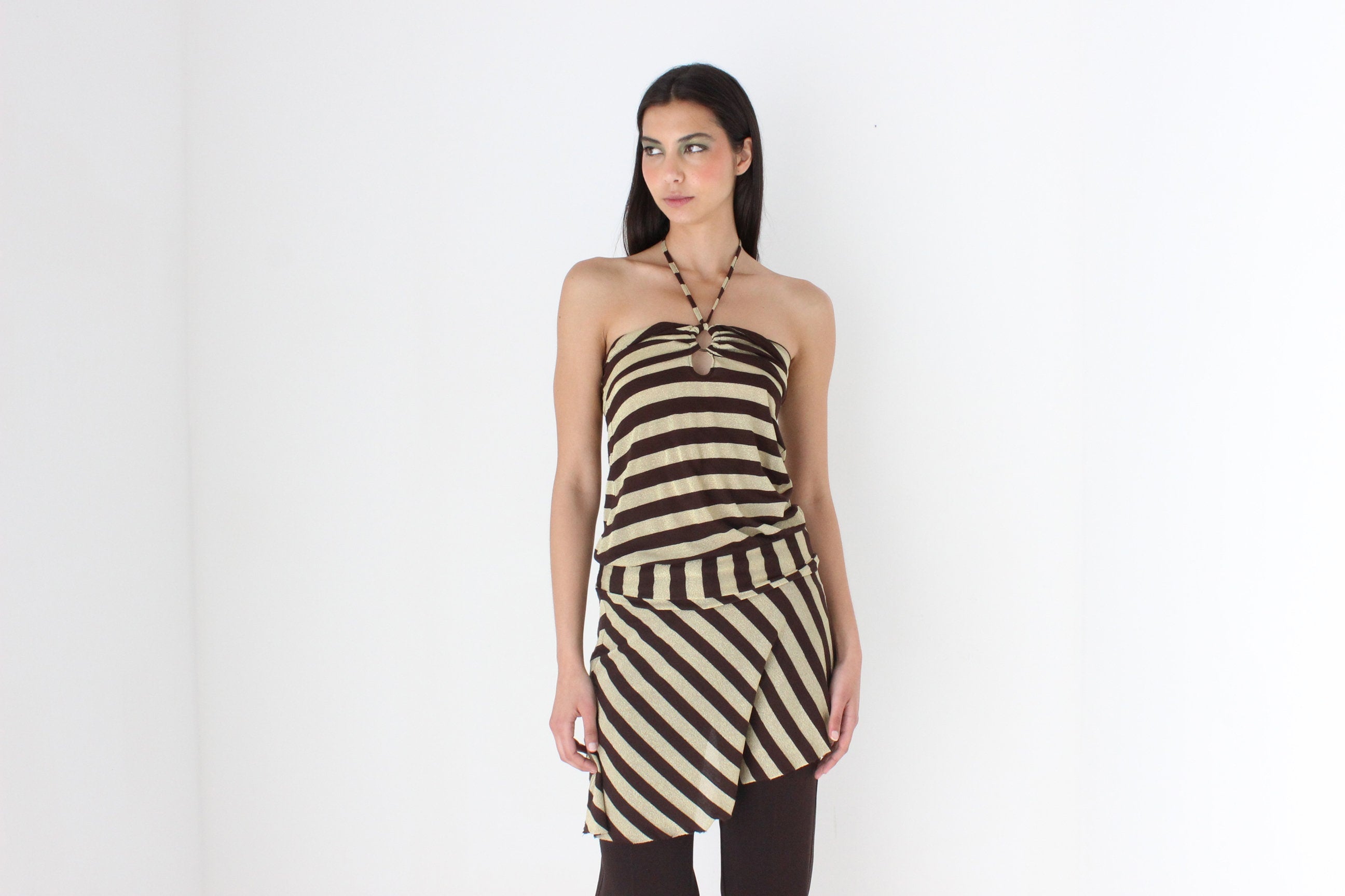 Y2K Striped Gold Glitter & Chocolate O-Ring Halter Neck Mini