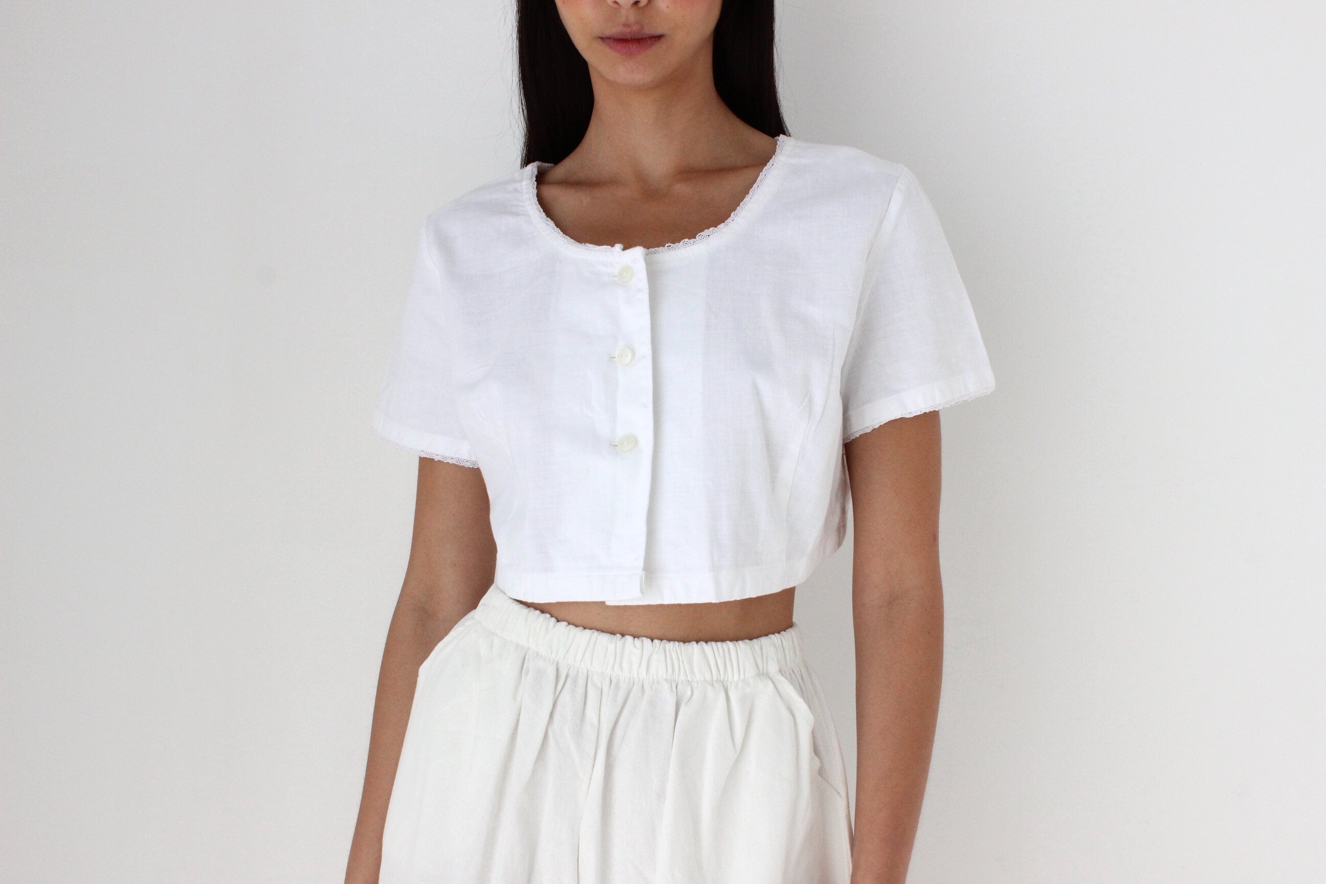 Antique Italian Cotton White Smock Crop Top