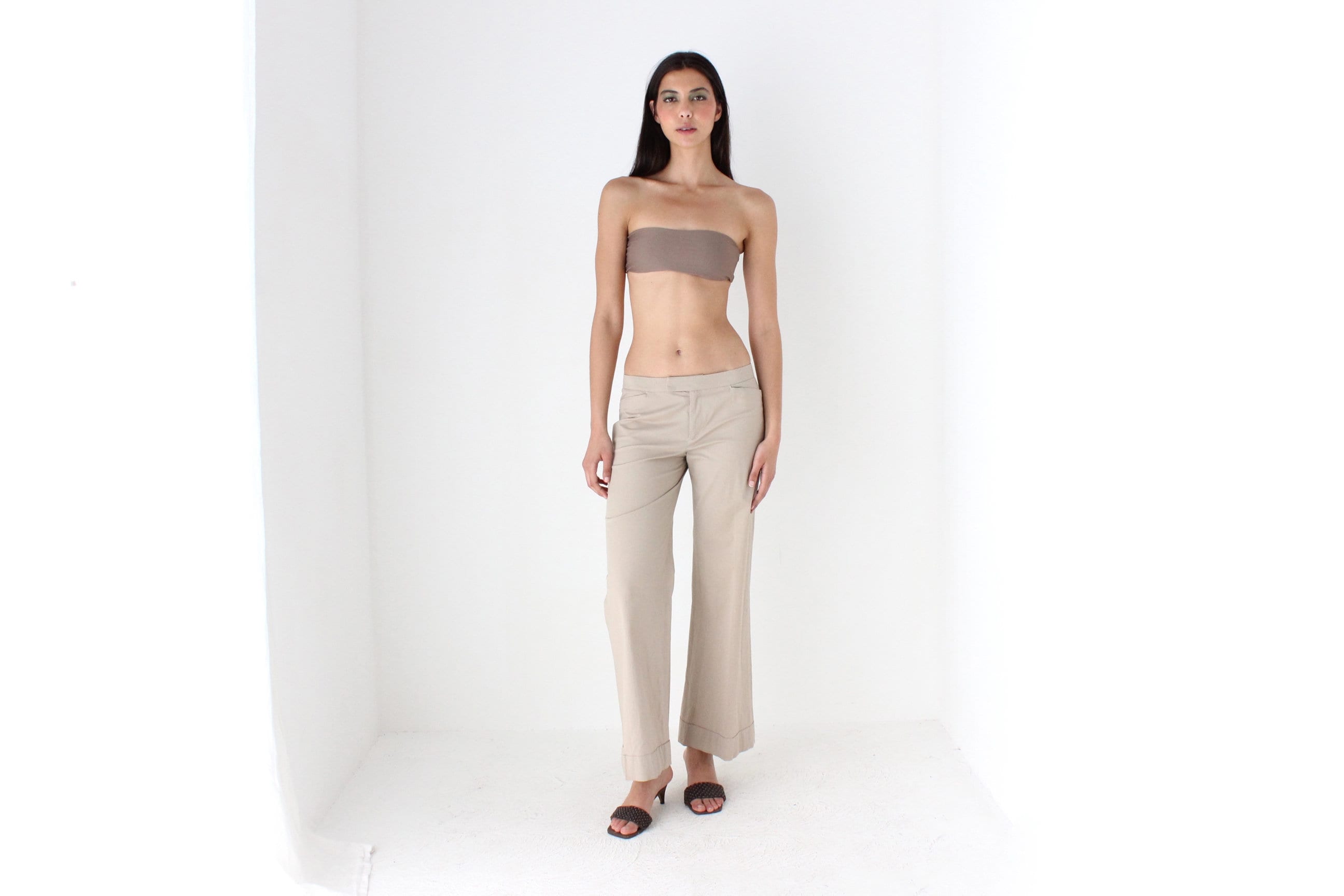 2000s Prada Sport Neutral Beige Low Rise Wide Leg Trousers