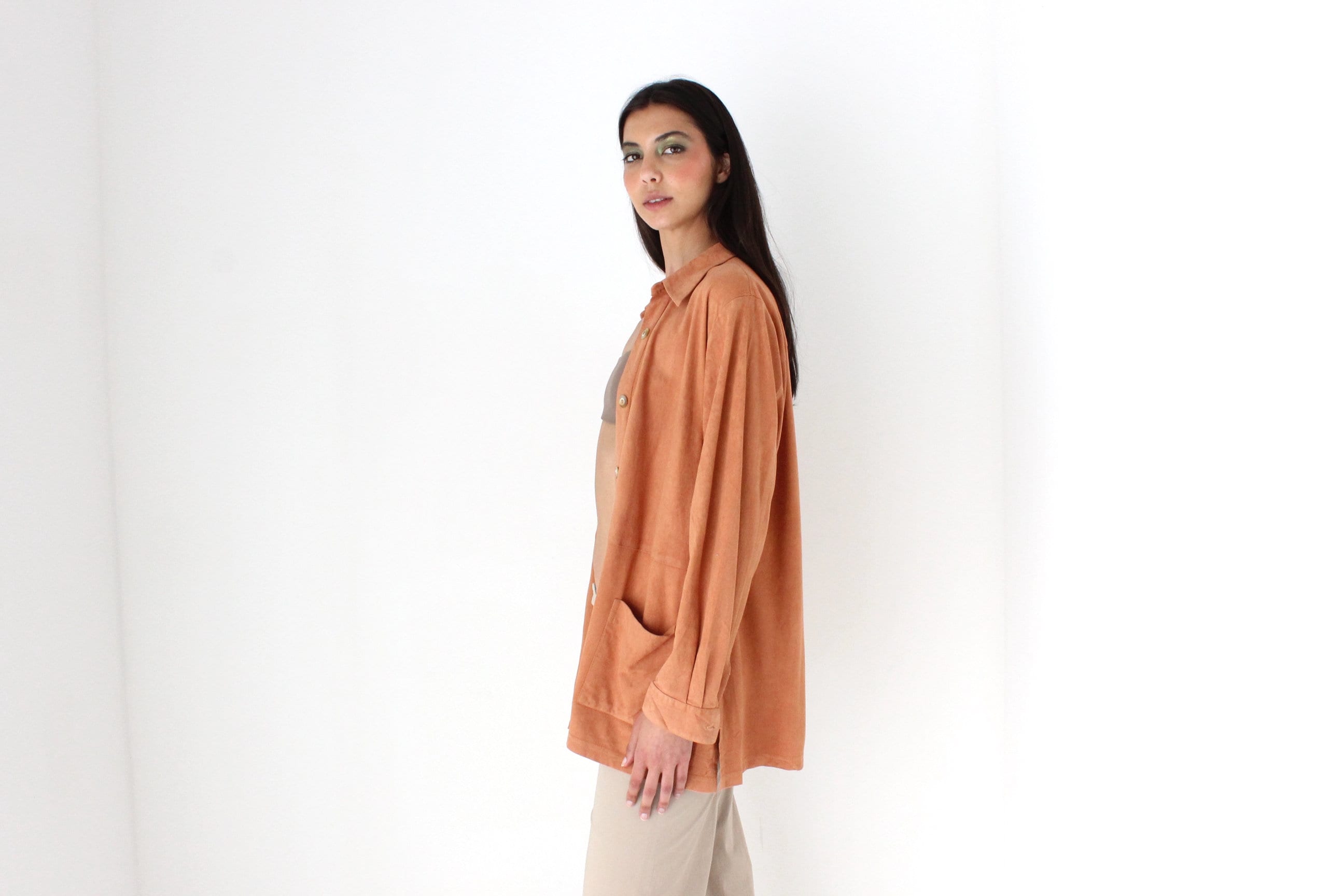 90s Salmon Suede-Feel Relaxed Oversized Shirt Jacket