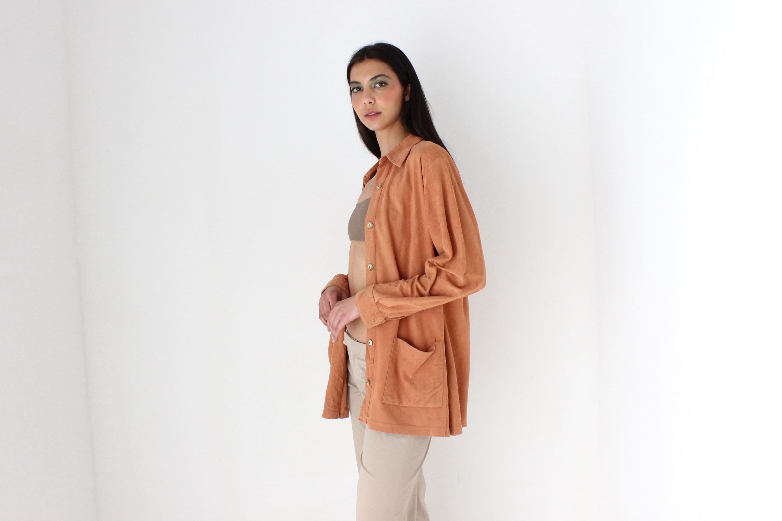 90s Salmon Suede-Feel Relaxed Oversized Shirt Jacket