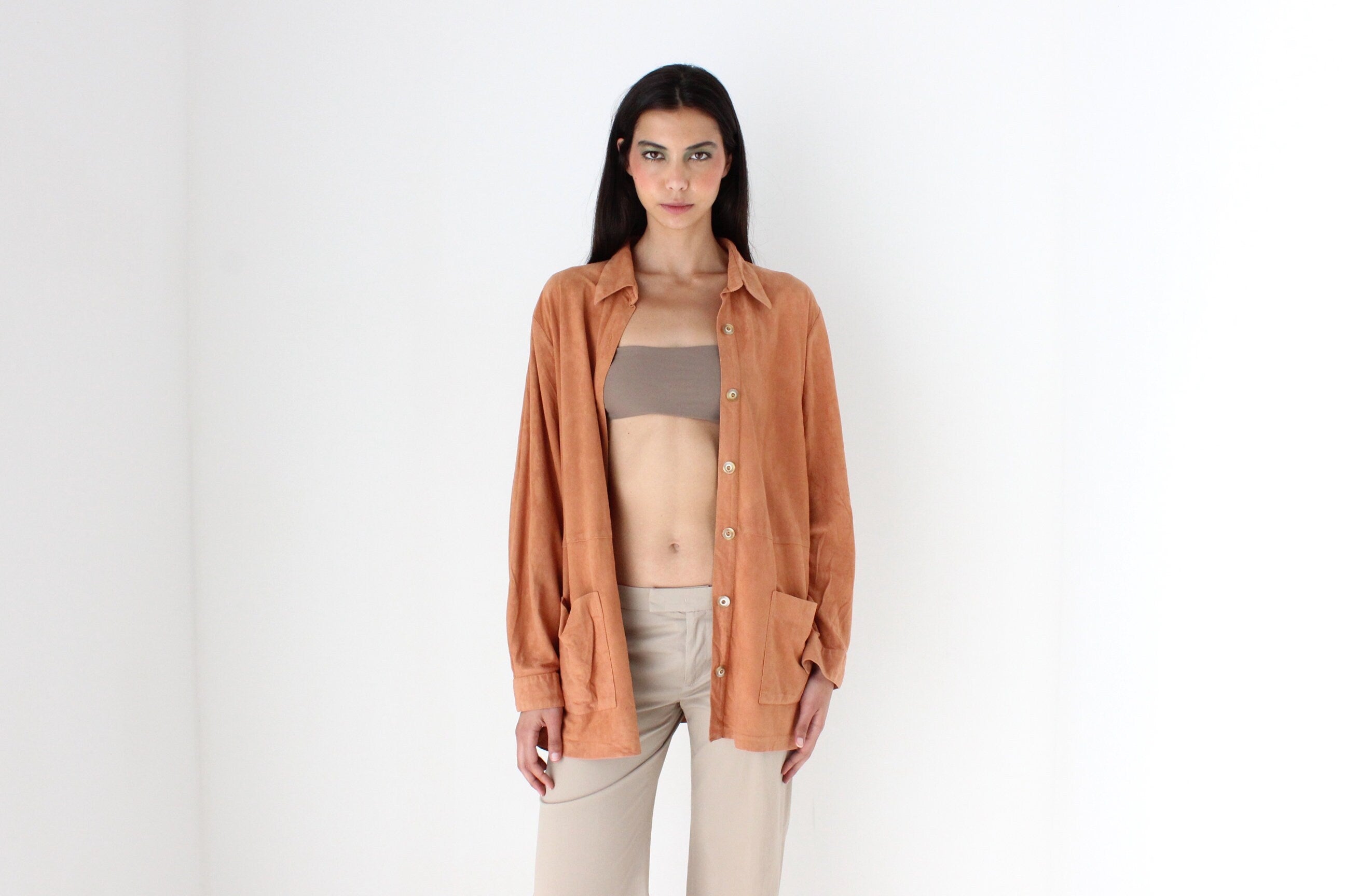 90s Salmon Suede-Feel Relaxed Oversized Shirt Jacket