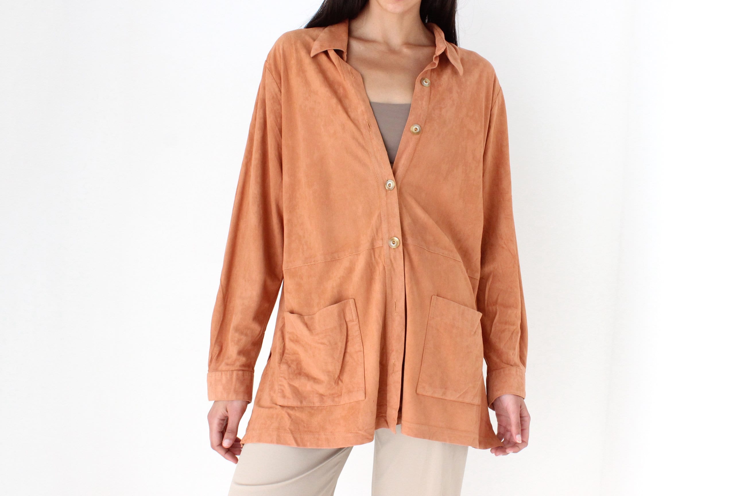 90s Salmon Suede-Feel Relaxed Oversized Shirt Jacket