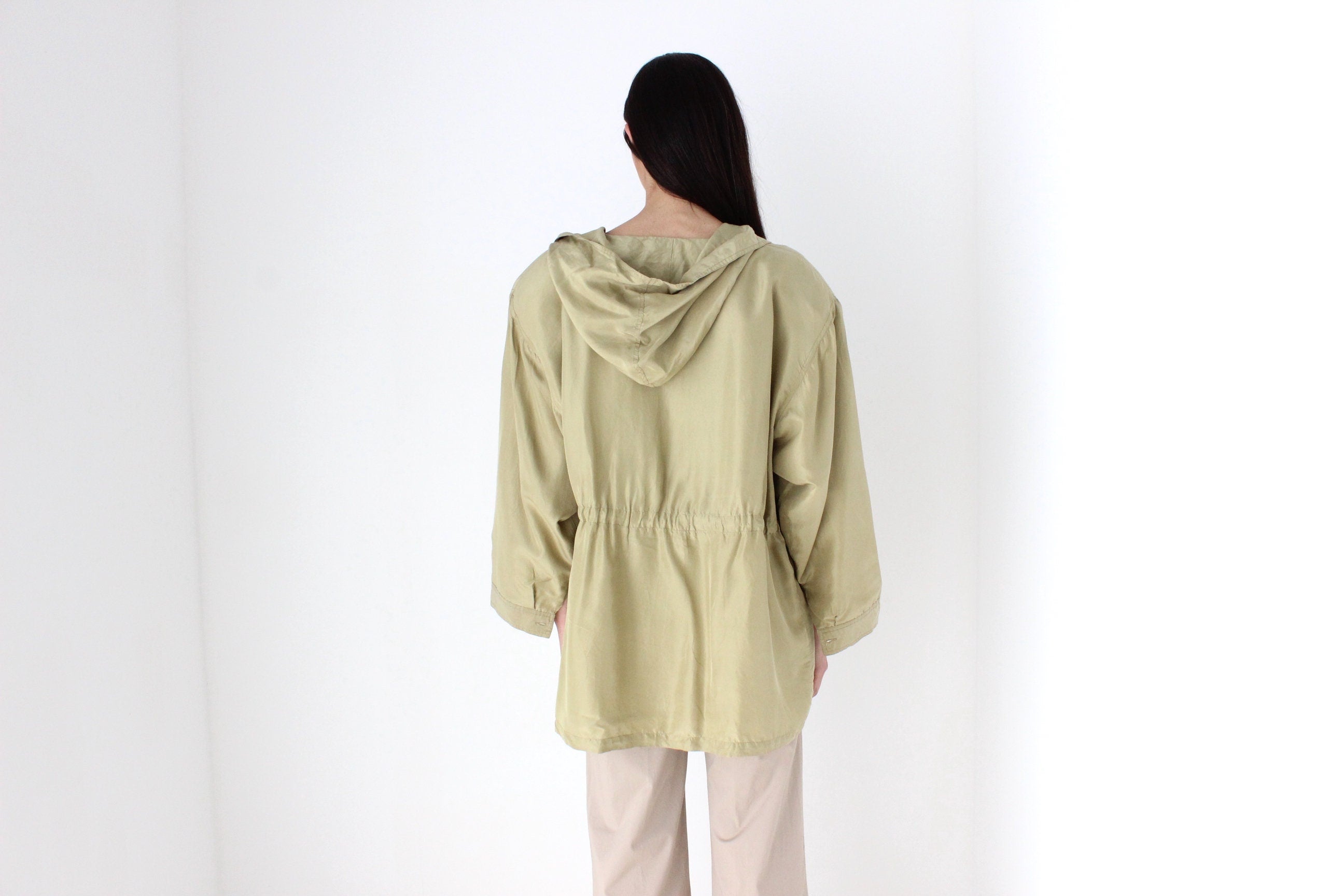 80s Pure Silk Olive Green Hooded Anorak