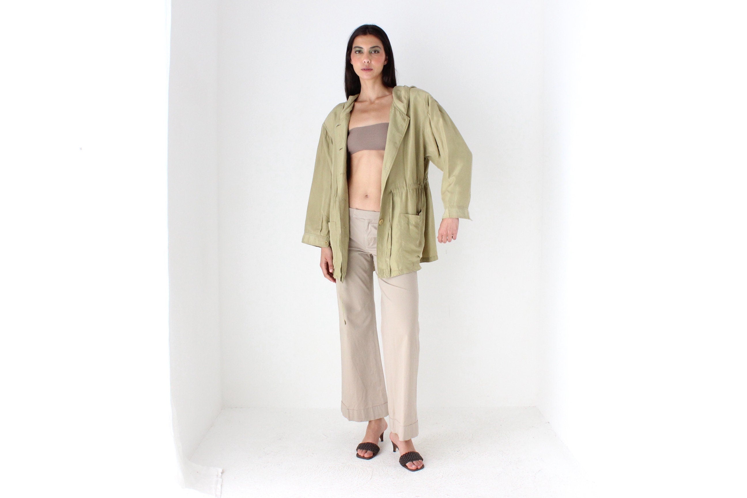 80s Pure Silk Olive Green Hooded Anorak