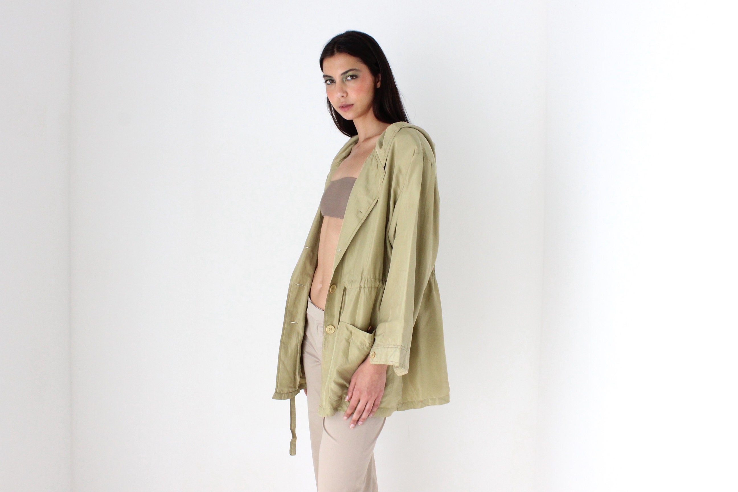 80s Pure Silk Olive Green Hooded Anorak