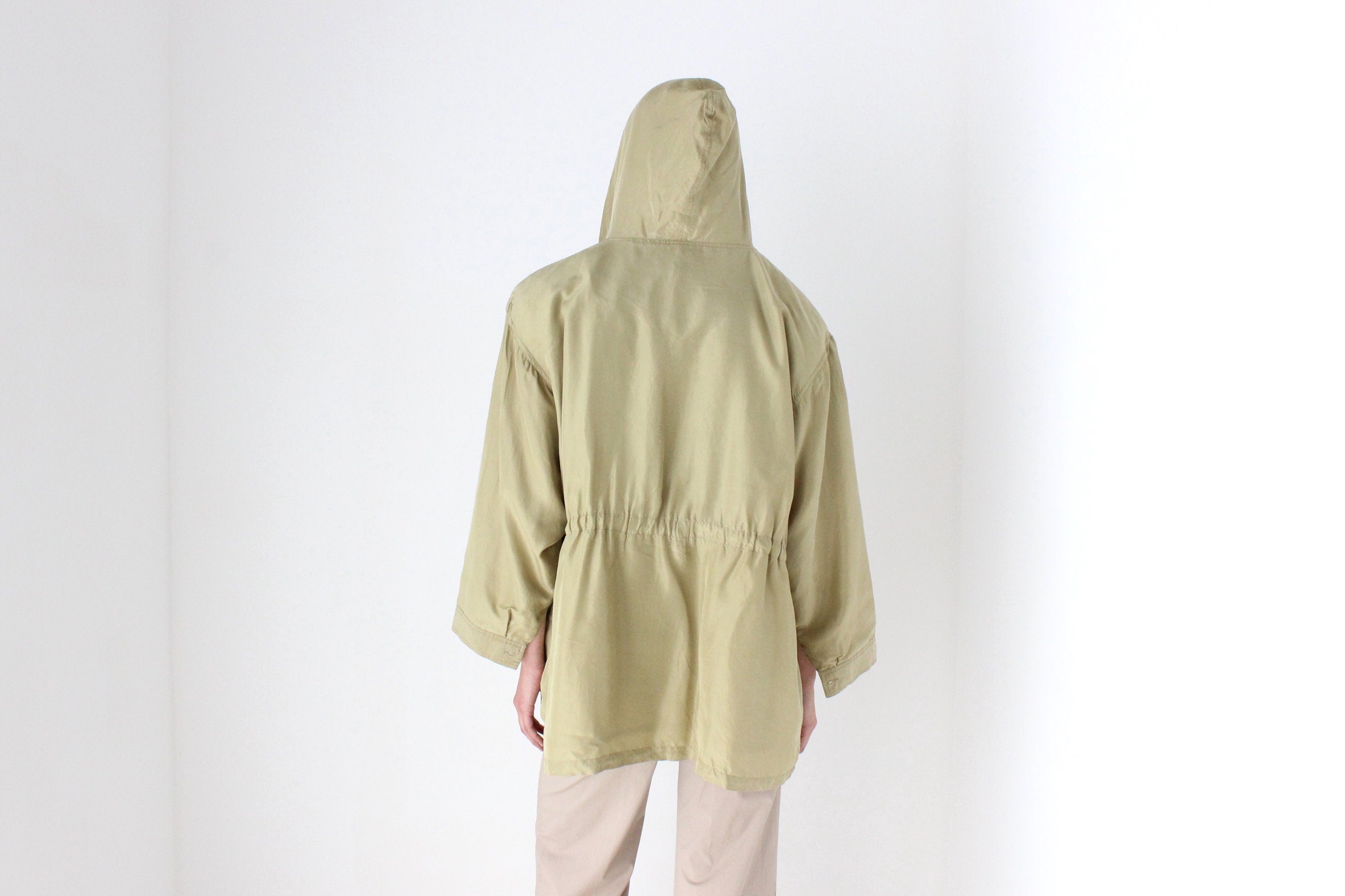 80s Pure Silk Olive Green Hooded Anorak