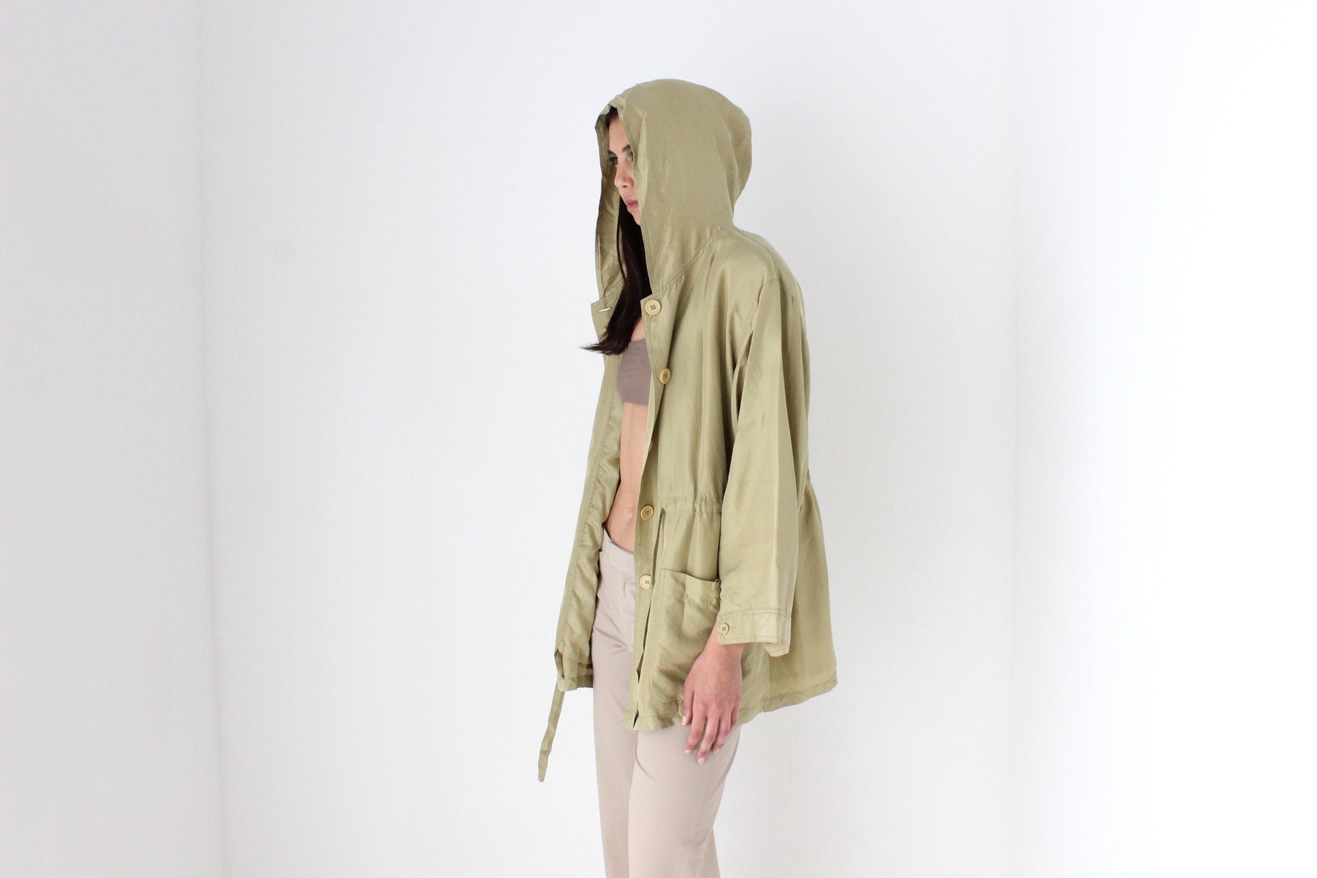 80s Pure Silk Olive Green Hooded Anorak