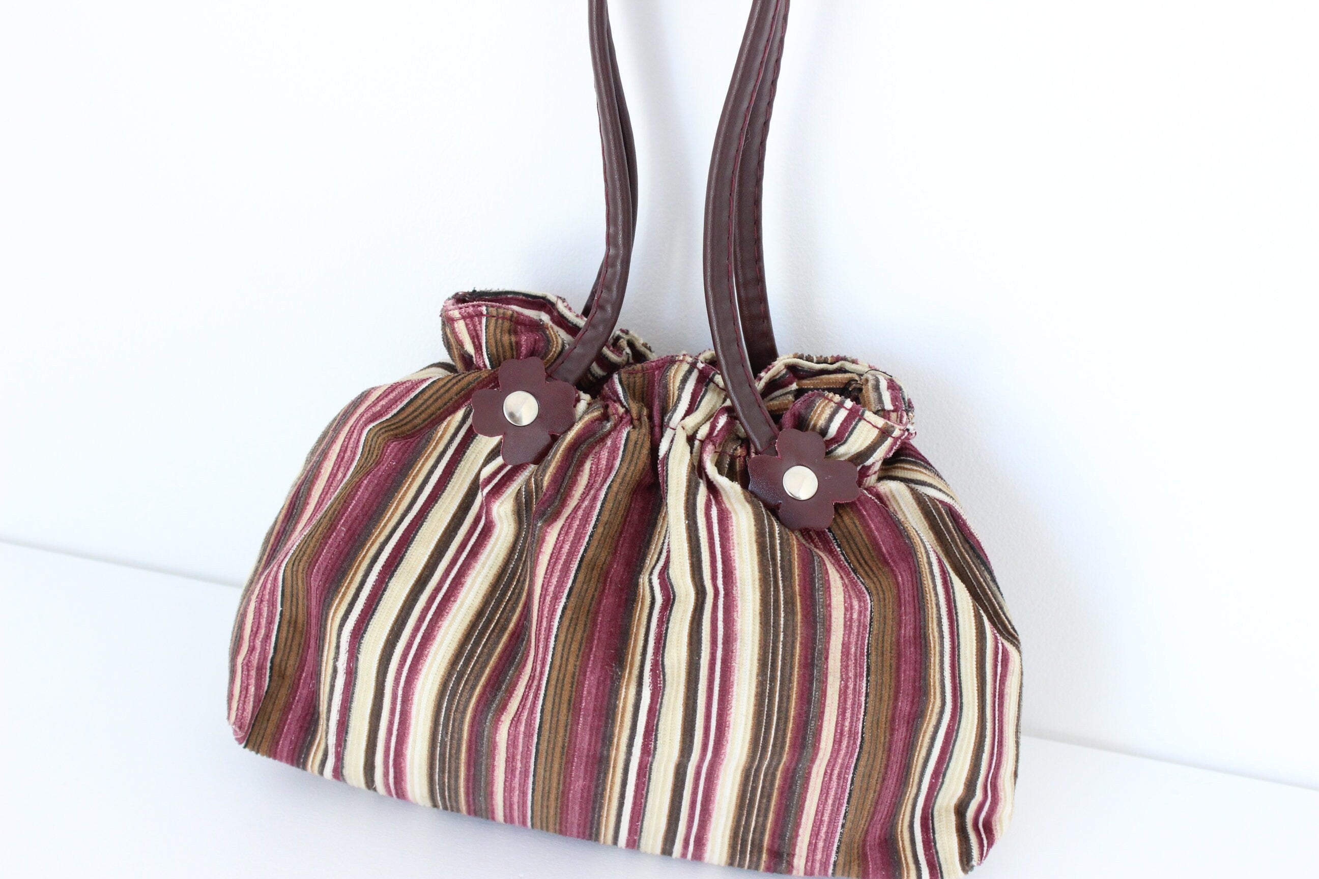 Y2K Corduroy Handbag w/ Leatherette Flowers