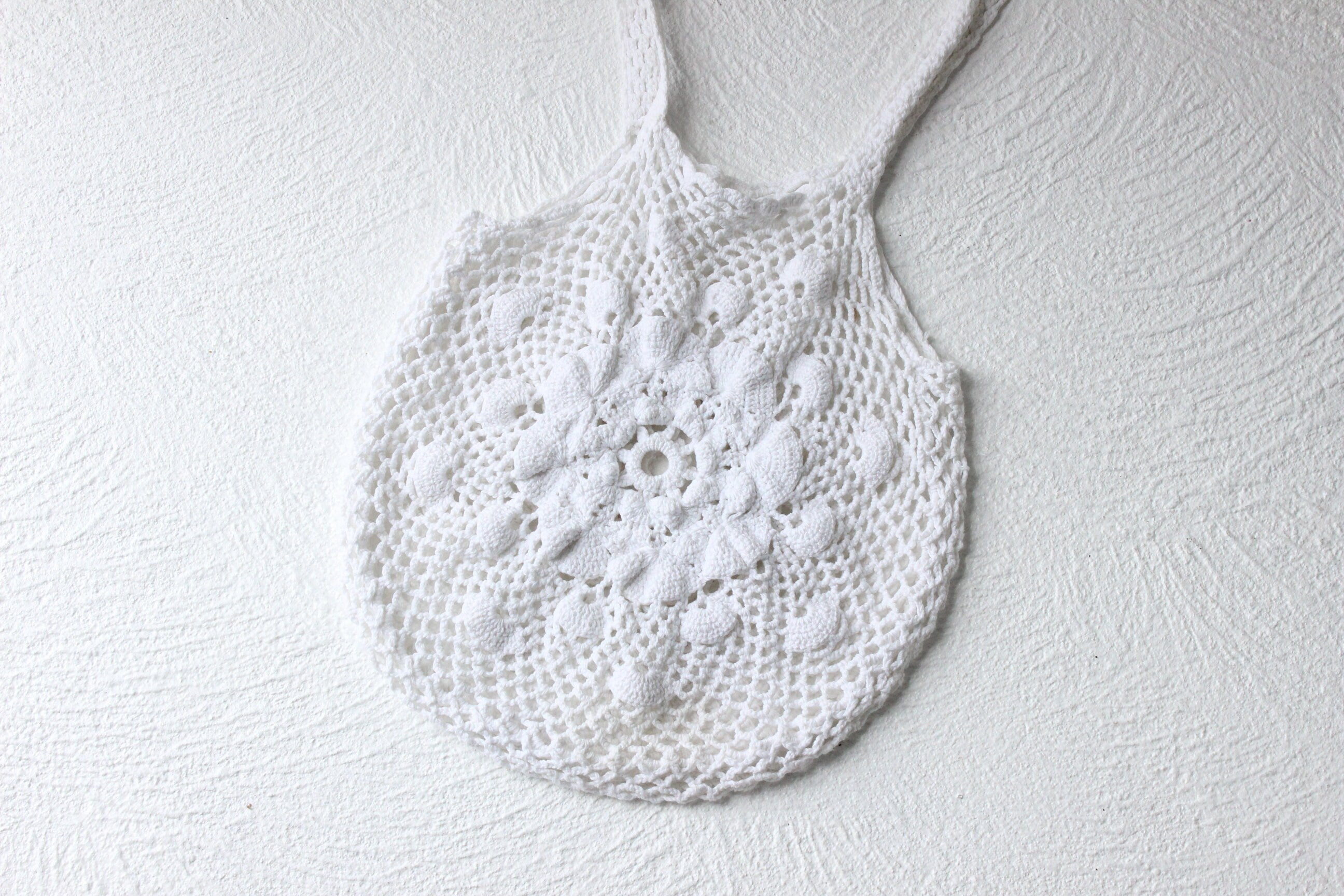 90s White Cotton Crochet Woven Circle Shoulder Bag
