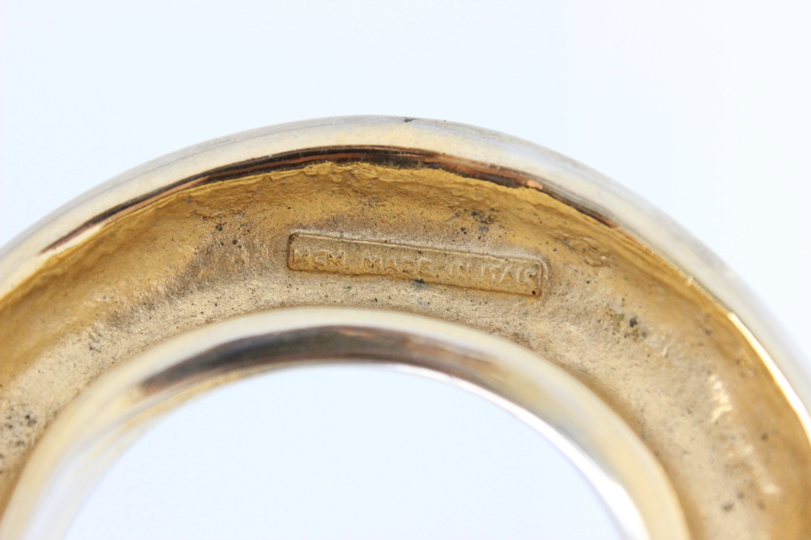 Vintage 80s McM Italy Black Leather Ornate Gold Curl Buckle Belt