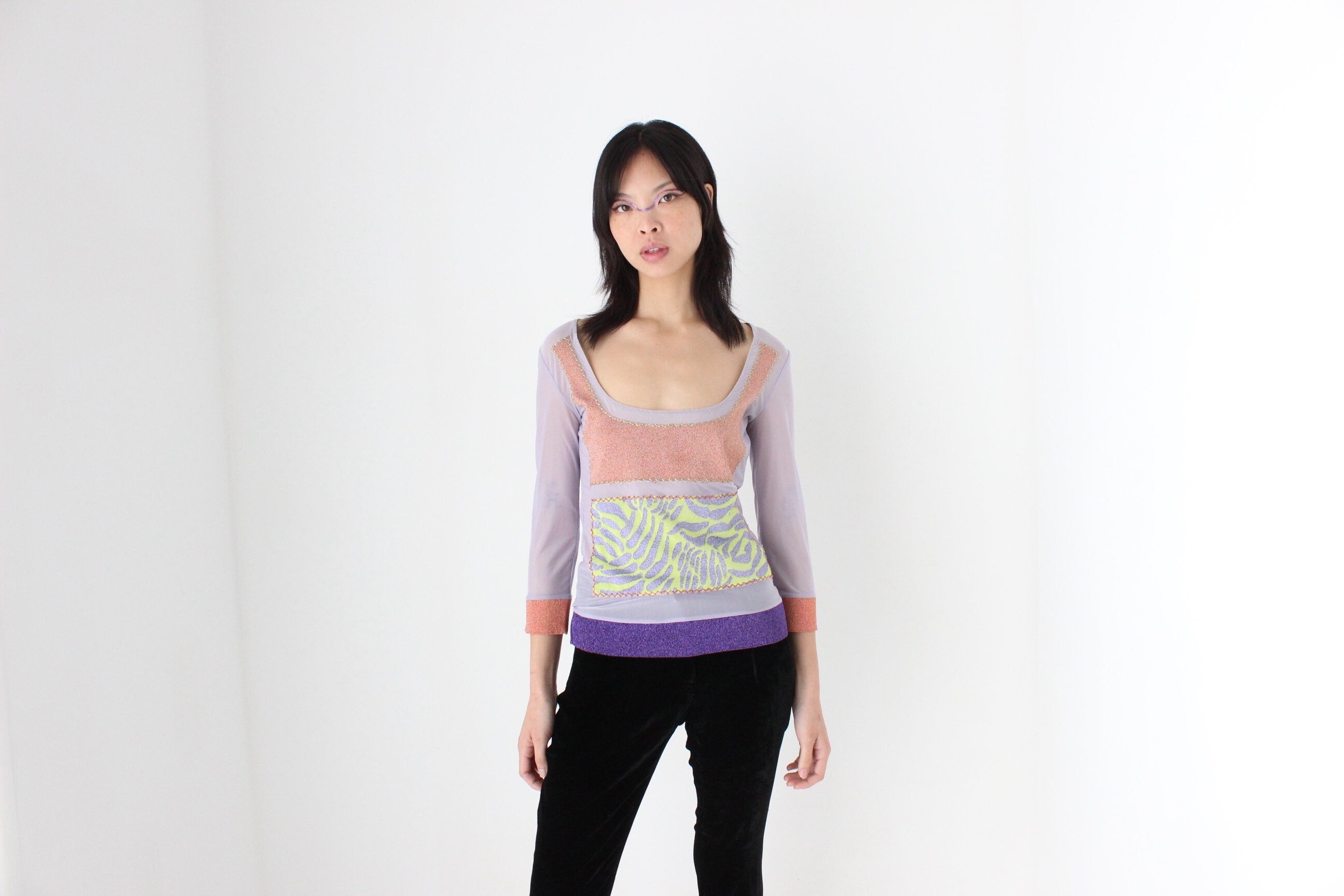 Y2K Iceberg Italy Mesh & Lurex Scoop Neck Long Sleeve Top