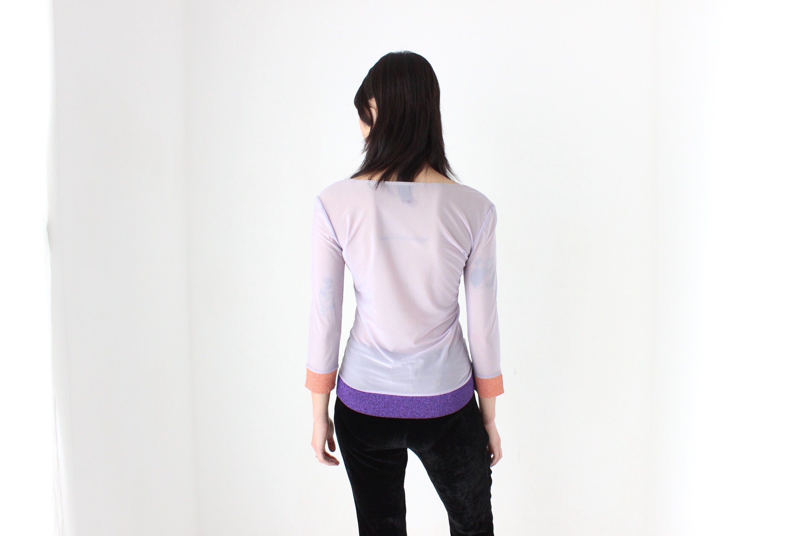 Y2K Iceberg Italy Mesh & Lurex Scoop Neck Long Sleeve Top