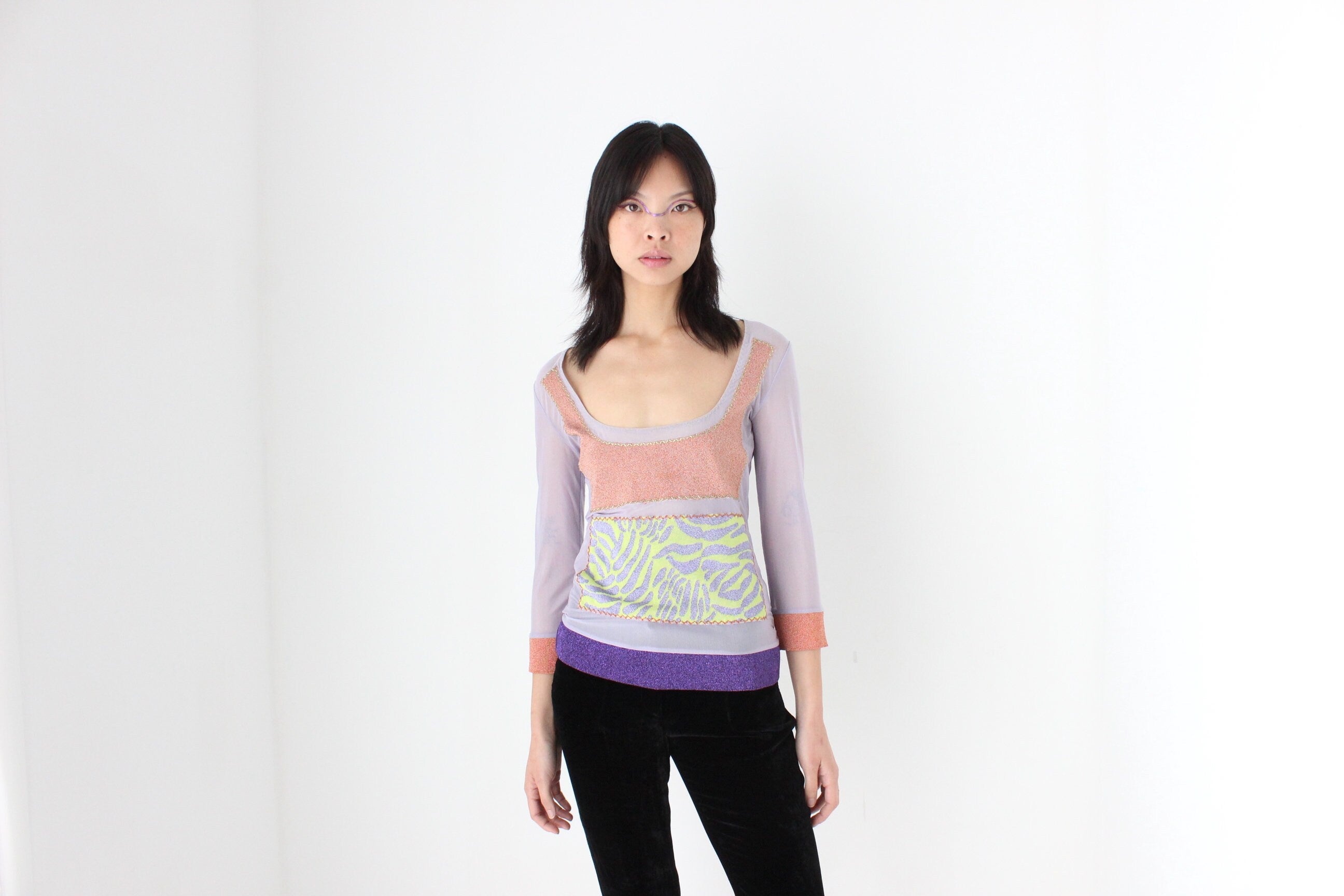 Y2K Iceberg Italy Mesh & Lurex Scoop Neck Long Sleeve Top