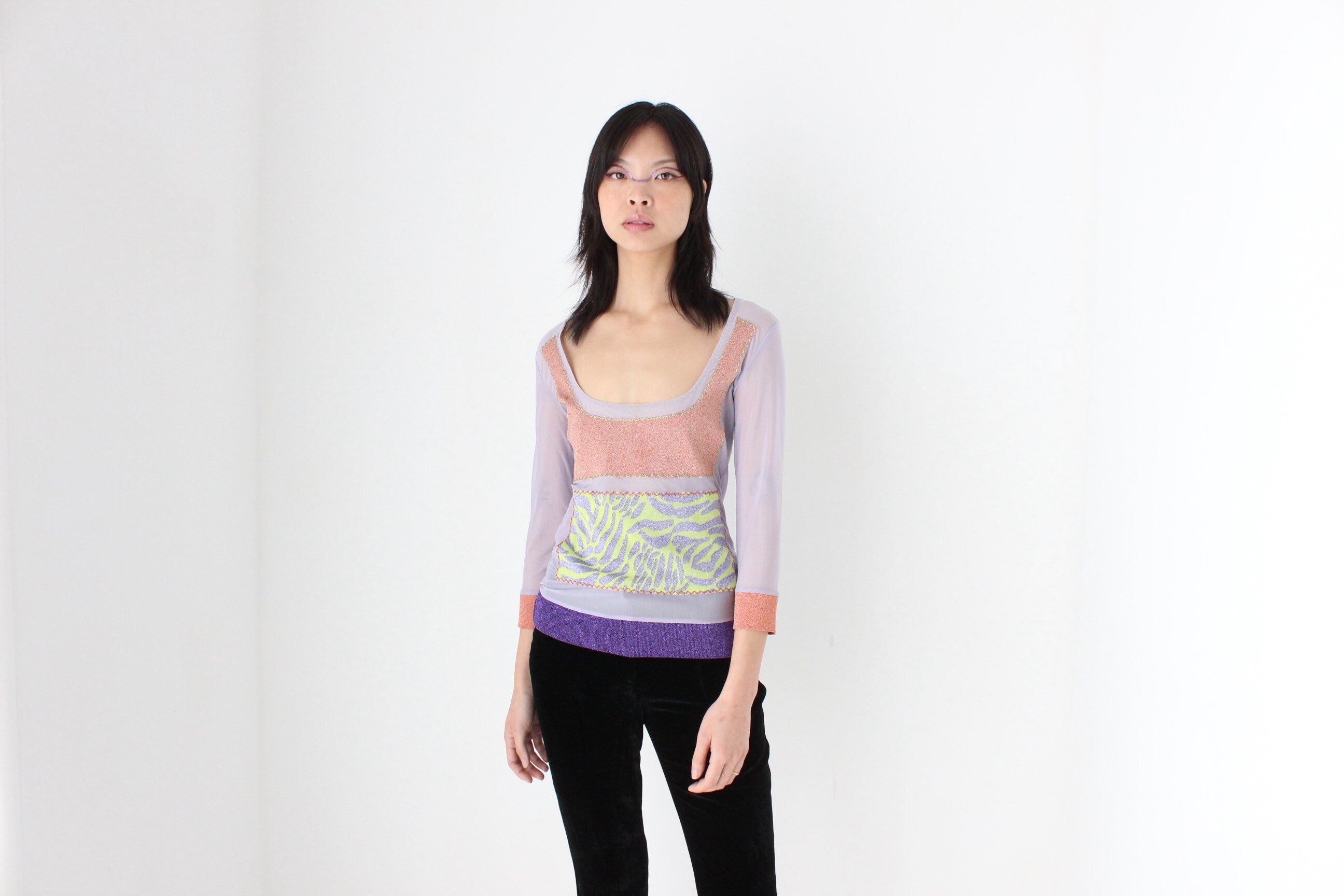 Y2K Iceberg Italy Mesh & Lurex Scoop Neck Long Sleeve Top