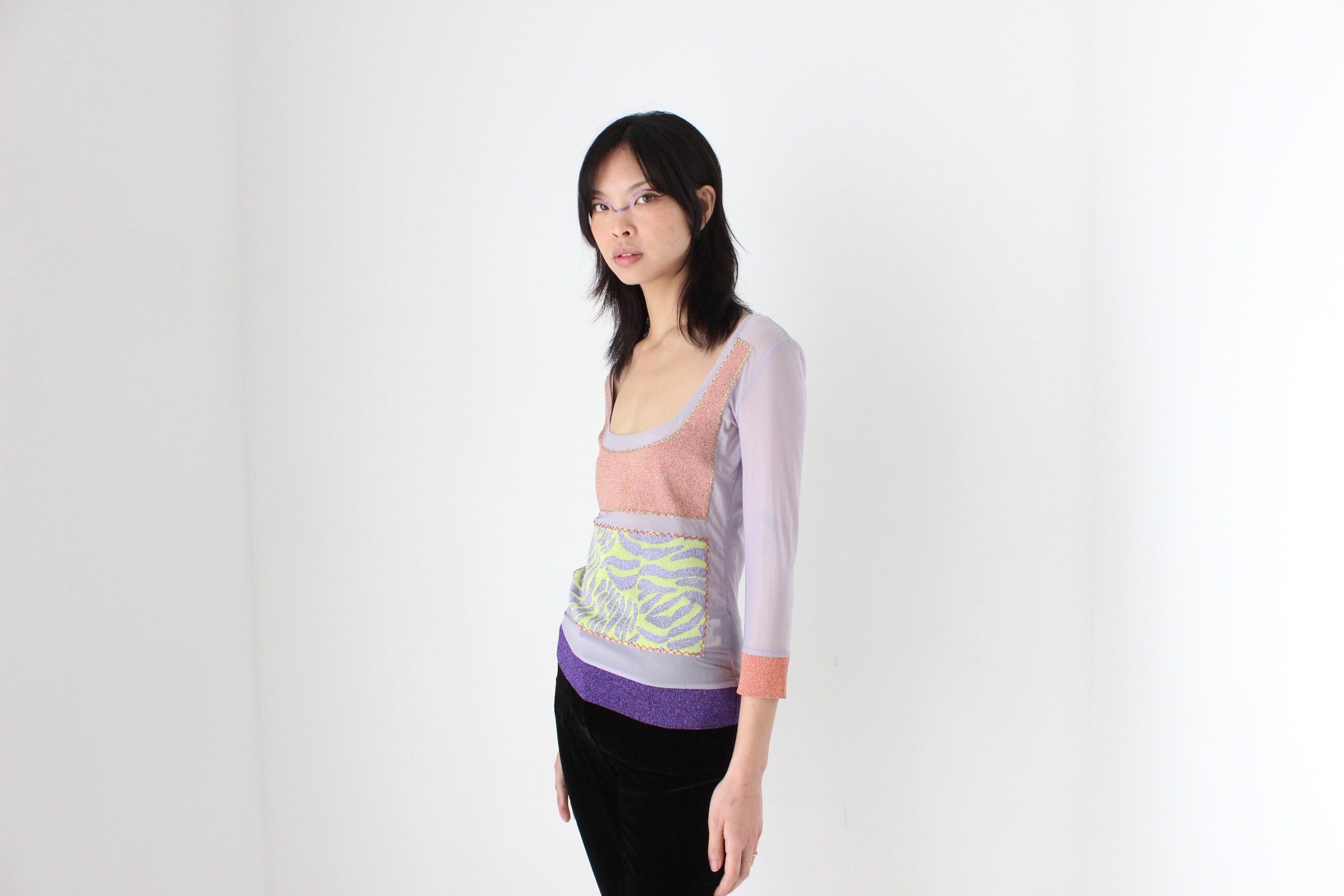 Y2K Iceberg Italy Mesh & Lurex Scoop Neck Long Sleeve Top
