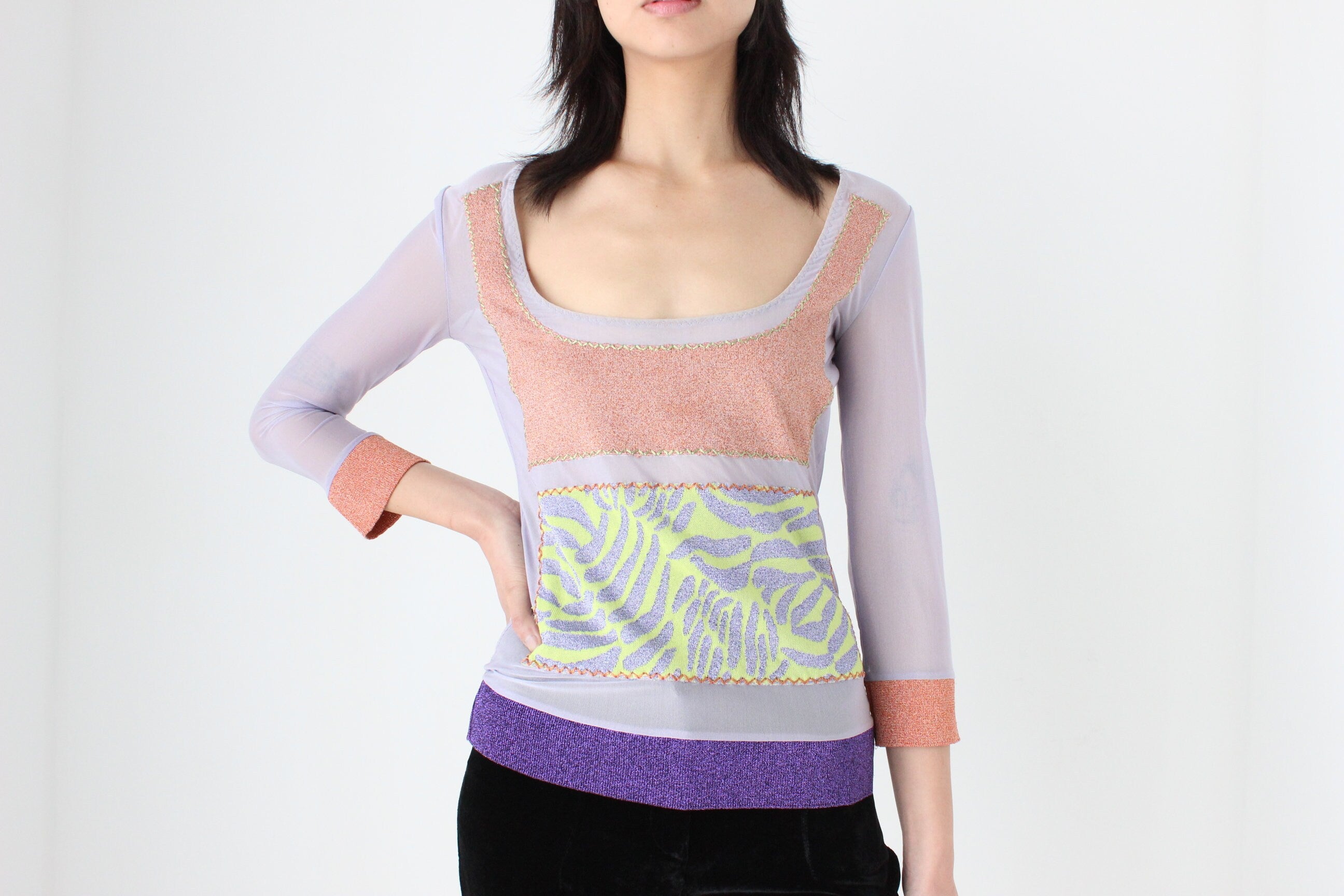 Y2K Iceberg Italy Mesh & Lurex Scoop Neck Long Sleeve Top