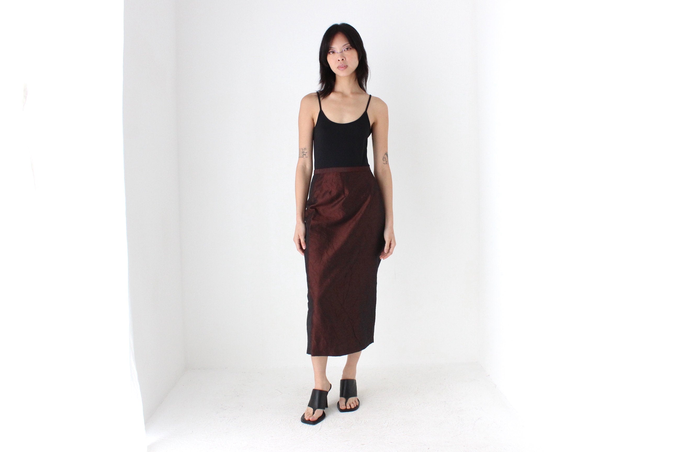 90s Metallic Chocolate Crinkle Taffeta High Waist Column Midi Skirt