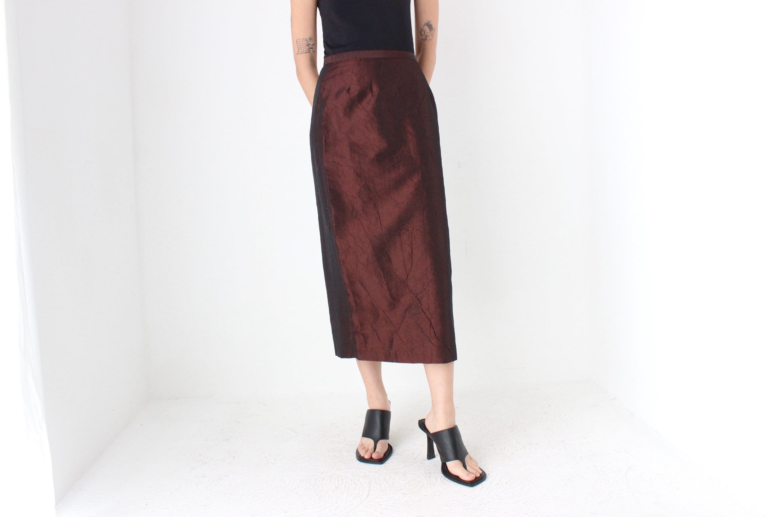 90s Metallic Chocolate Crinkle Taffeta High Waist Column Midi Skirt