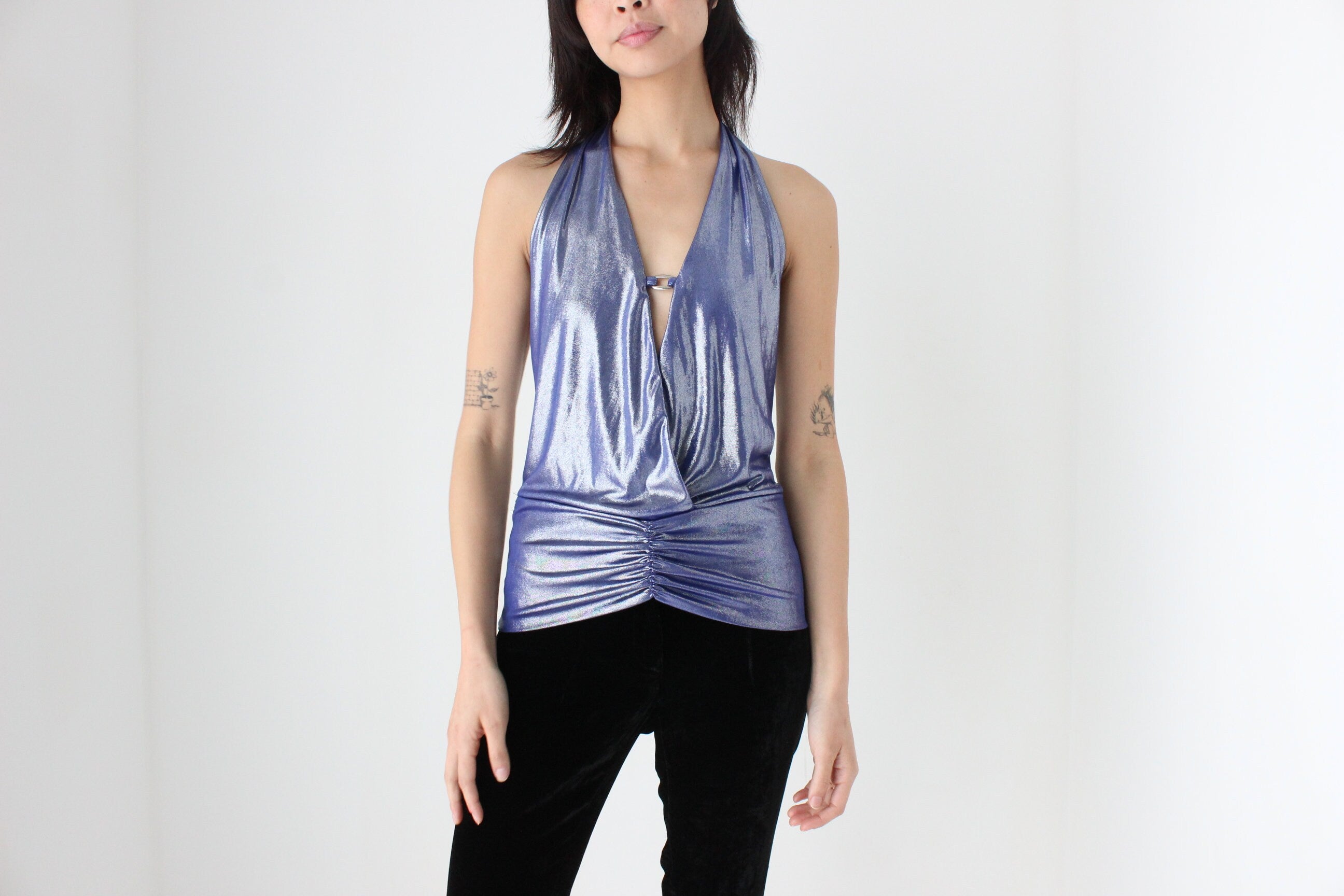 Sexiest Y2K Metallic Disco Plunge Halter Top