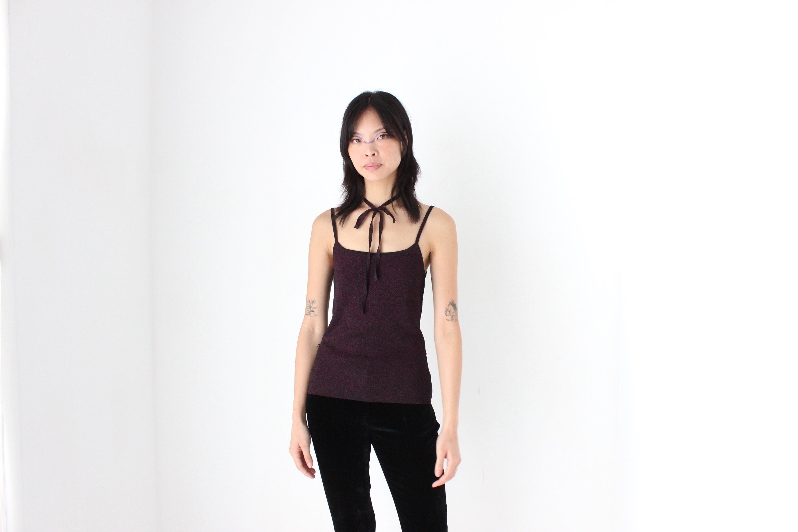 Y2K Lurex Stretch Fitted Tank w/ Tie Belt or Choker
