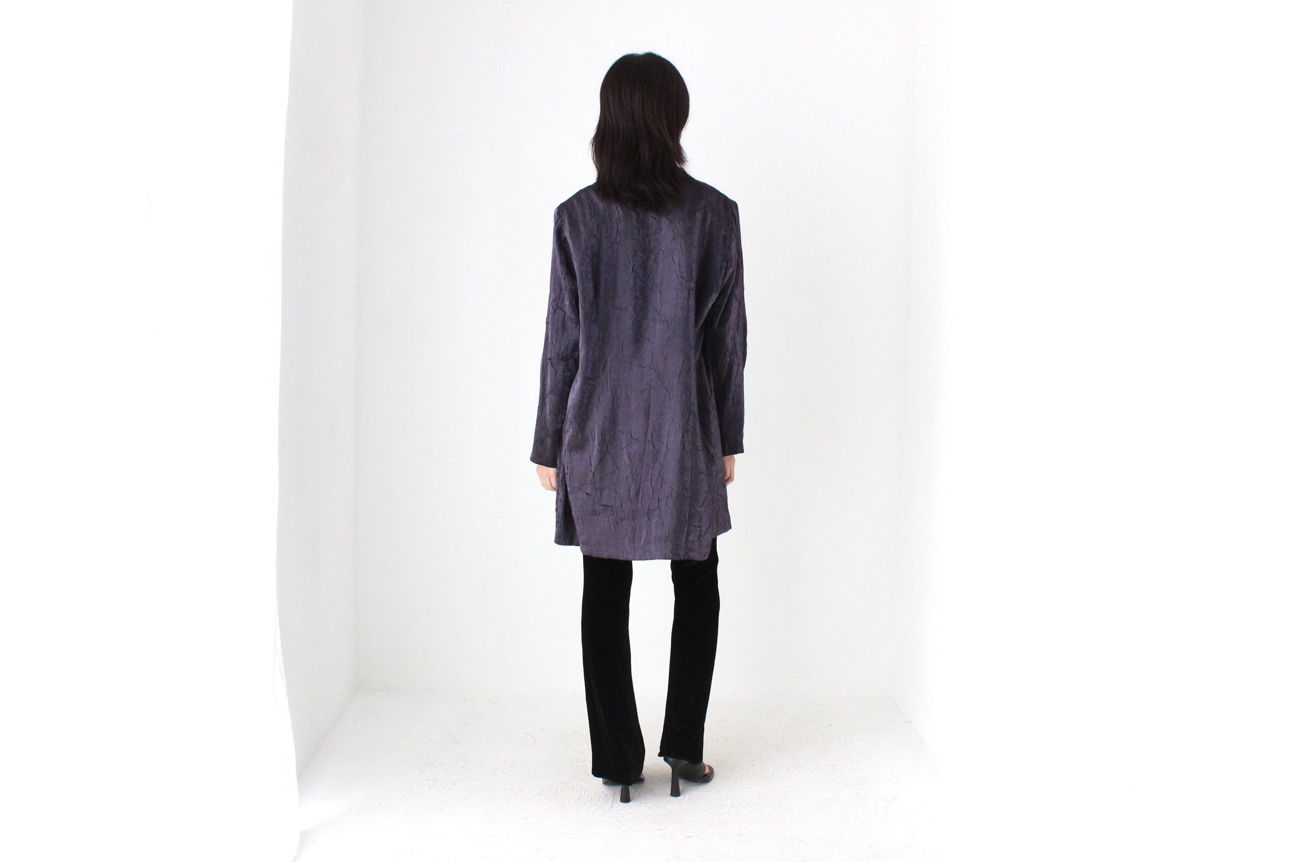 90s Deep Purple Metallic Crinkle Single Button Trench Coat