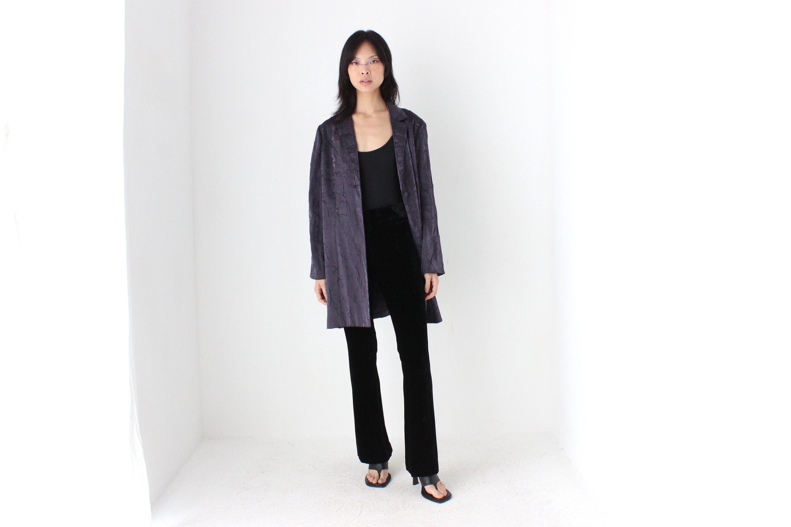 90s Deep Purple Metallic Crinkle Single Button Trench Coat