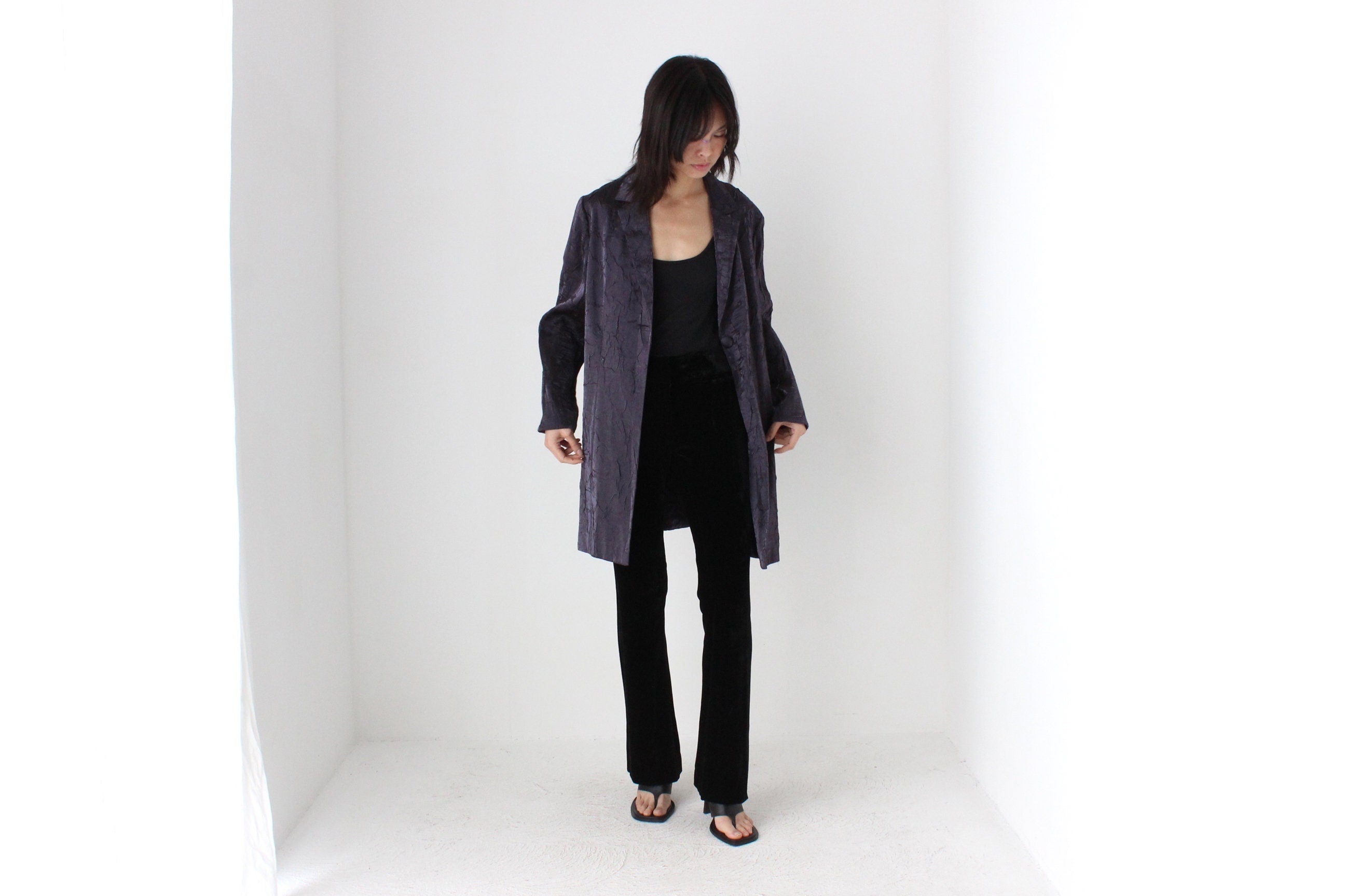90s Deep Purple Metallic Crinkle Single Button Trench Coat