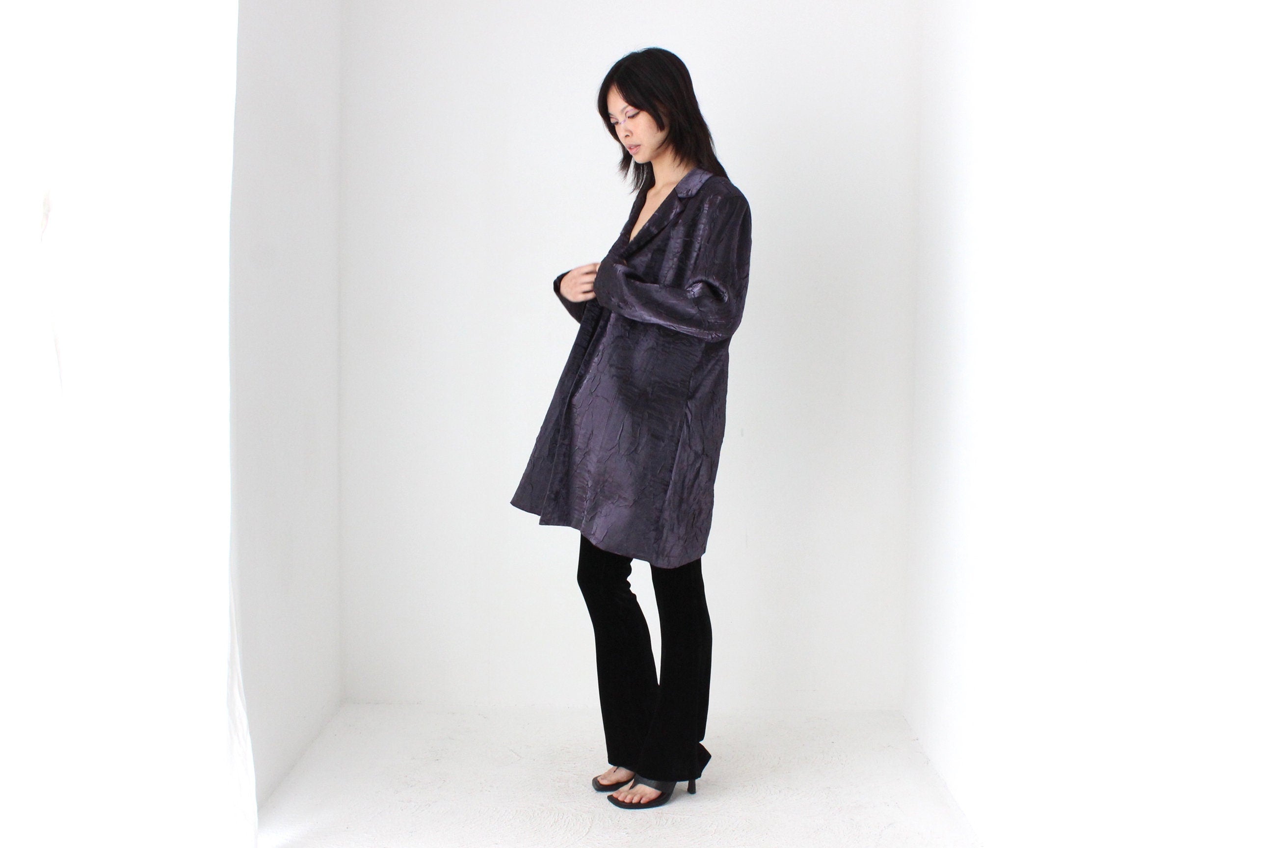 90s Deep Purple Metallic Crinkle Single Button Trench Coat