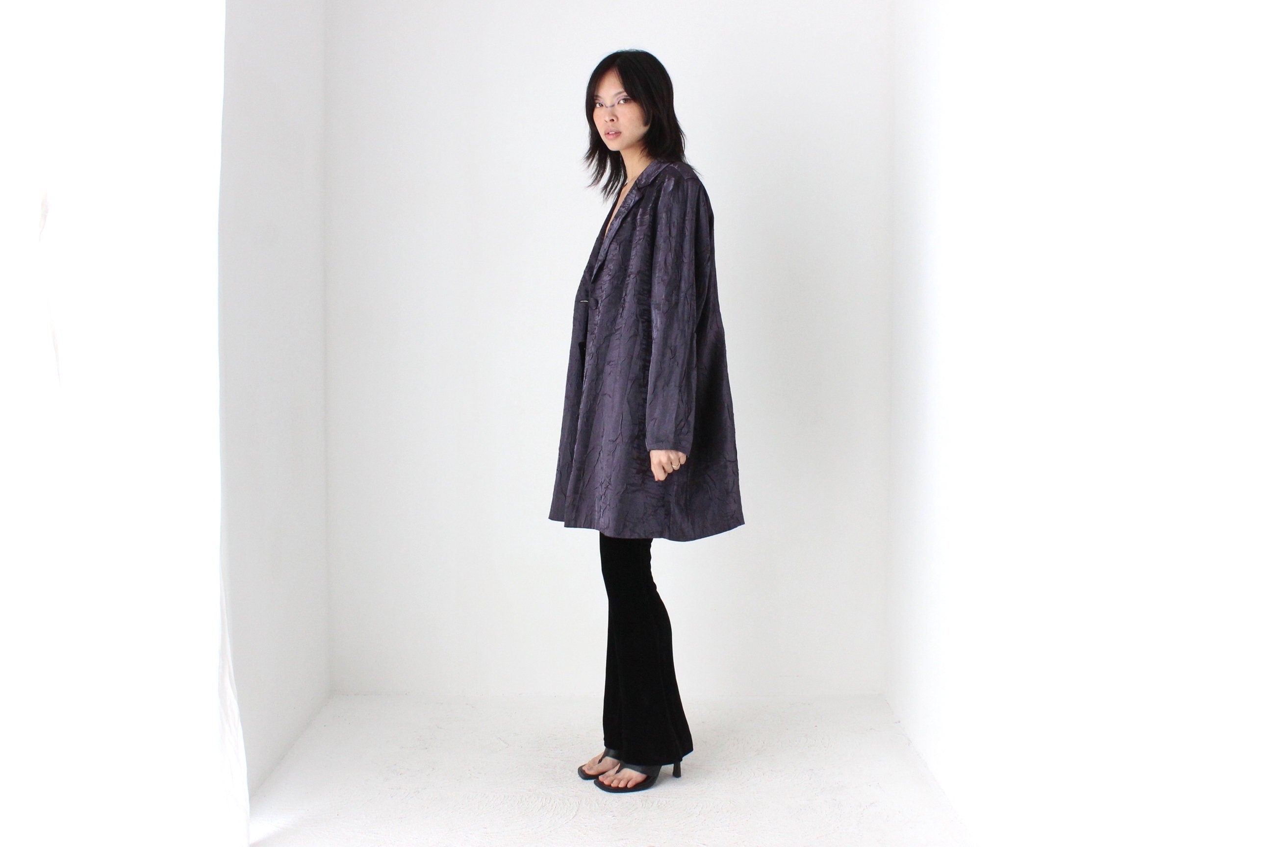 90s Deep Purple Metallic Crinkle Single Button Trench Coat