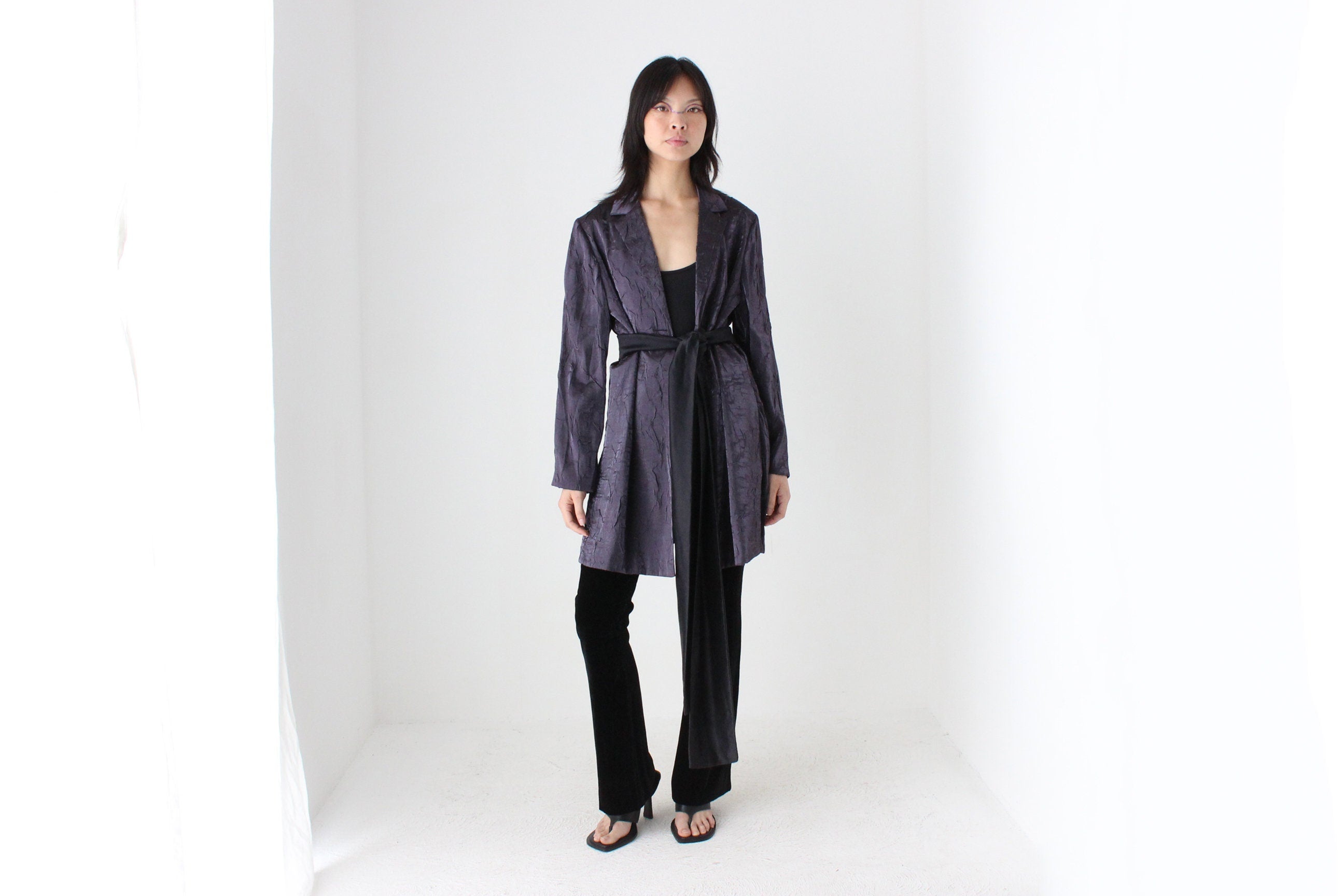 90s Deep Purple Metallic Crinkle Single Button Trench Coat